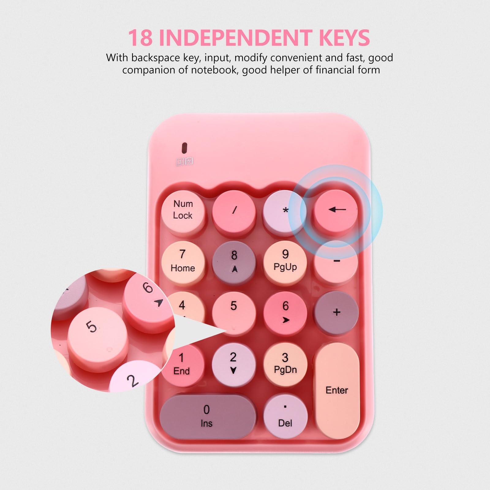 Tastierino Numerico Wireless Portatile Rosa, Mini Tastiera | 18 Tasti Indipendenti, Abs, Tasto Backspace e Input Rapido, per Ufficio e Notebook