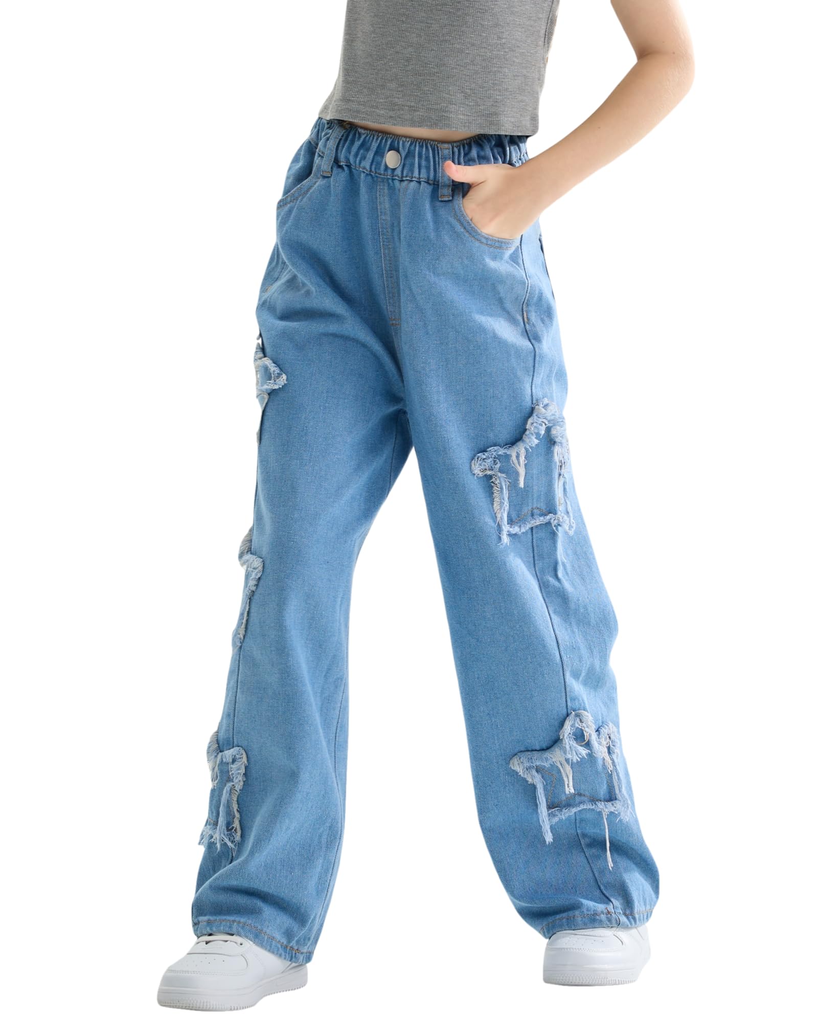 Vaqueros Niñas Loose Denim Pantalones Cintura Elástica Moda Rotos Azul