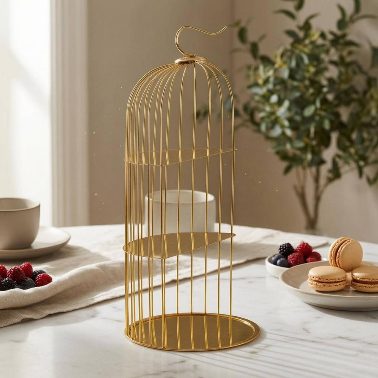 rockible Soporte para Postres Expositor de Pastelería Estante Bandeja Organizador de Dulces de 3 Pisos en Acero Inoxidable con Marco Semicircular y Diseño , Dorado , Grande