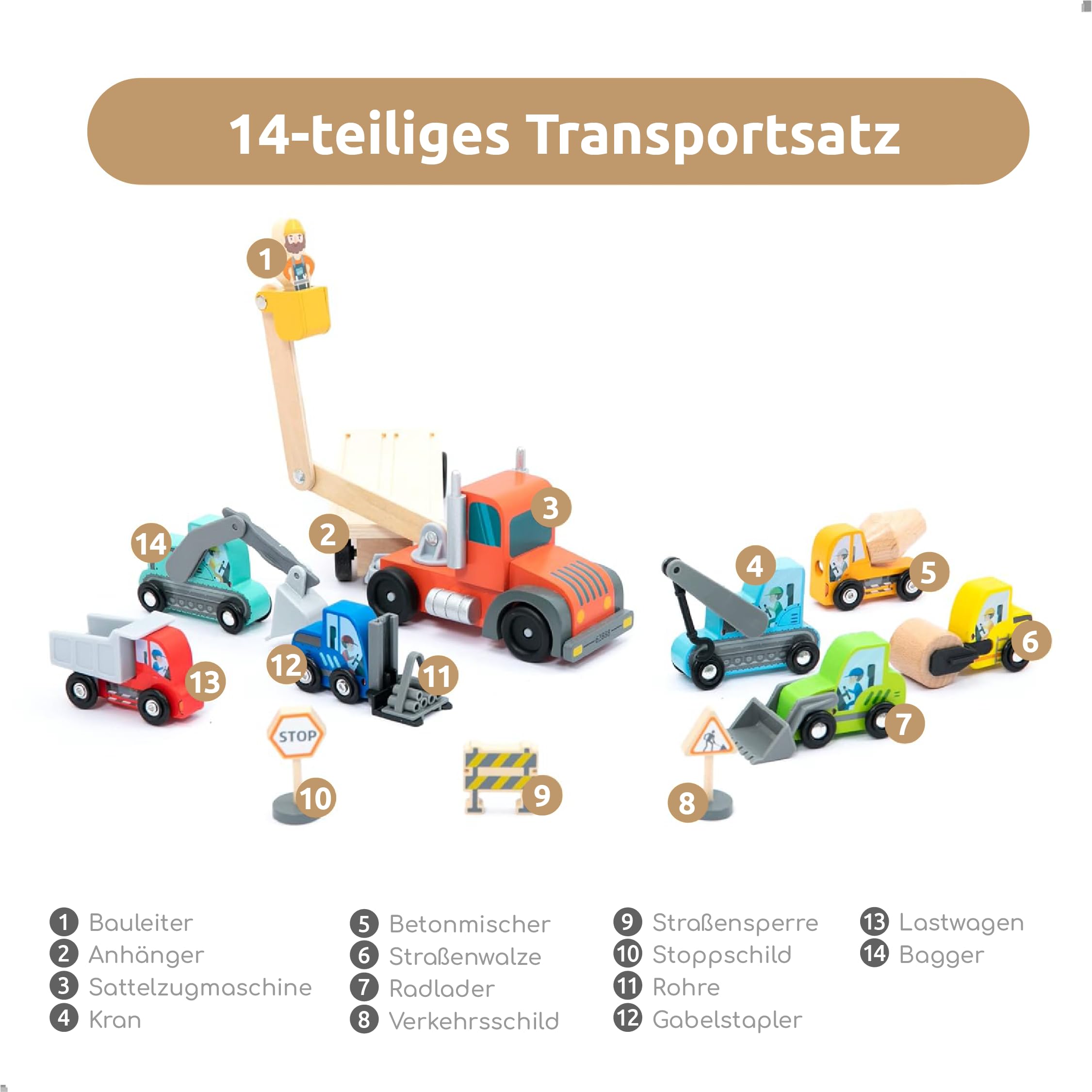 UMU® Holz Baufahrzeug Transporter Spielset für Kinder kompatibel mit Brio World Eisenbahn Sets & Anderen Marken, Spielzeug enthält Bagger, Kran, Walze u. v. m, 14 STK Set für Kinder ab 3, 4, 5 Jahre