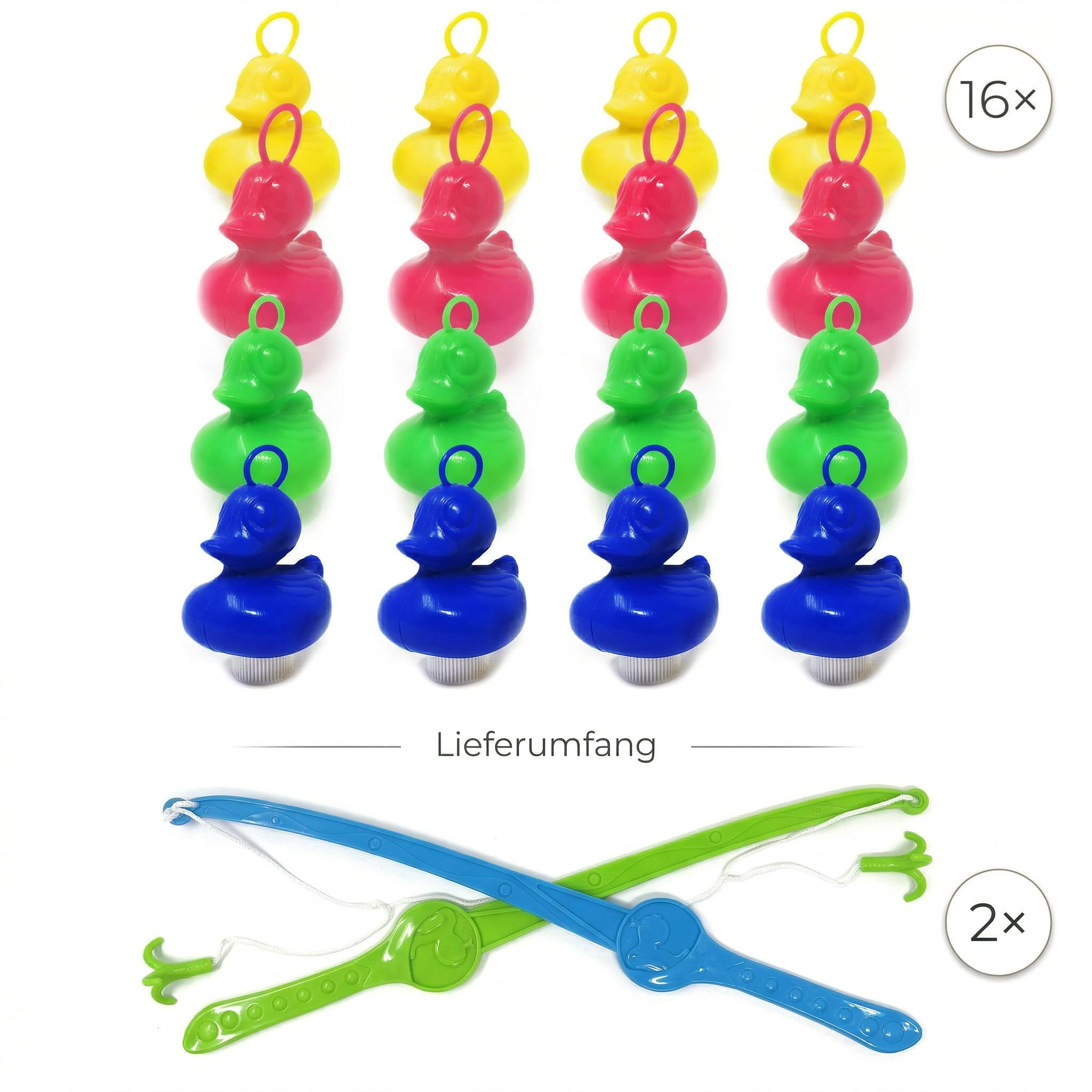 AMLI Enten Angeln | 16x bunt Entchen mit Öse & Gewicht | Inkl. 2 Angeln | Entenangeln Spiel Wasser groß | Perfekt für Firmenfeiern, Kita, Kindergeburtstag | Schwimmenten 101AO20DUCK