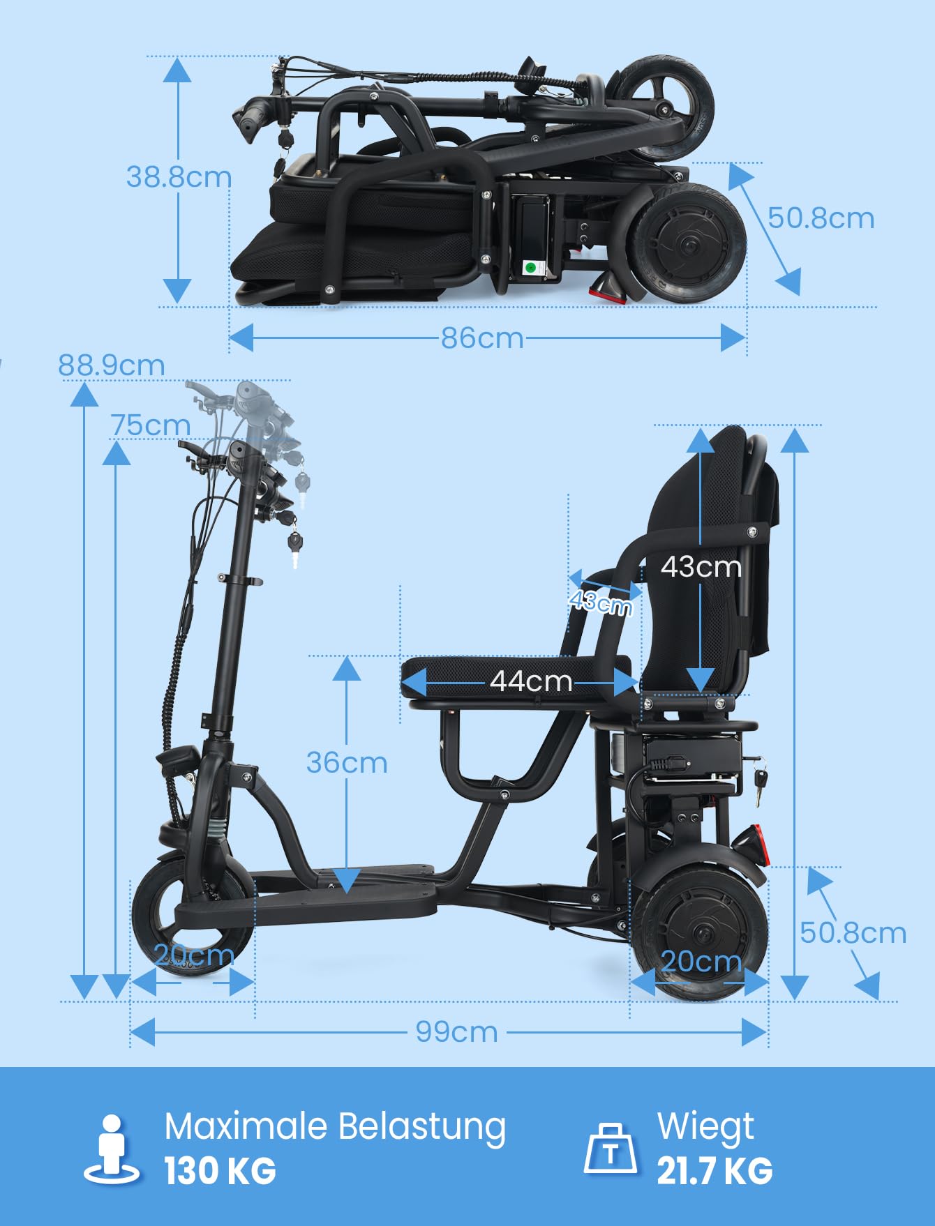Patinetes de movilidad plegables de largo alcance de 20 km para adultos y personas mayores, peso 21.7 kg, patinetes de movilidad de 3 ruedas, scooters motorizados ligeros (C36V)