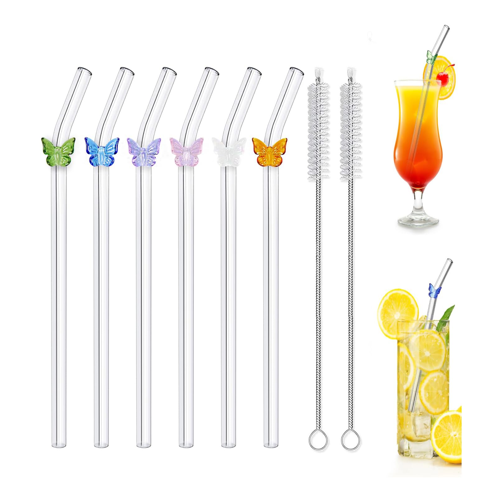 Pajitas Cristal,6 Piezas Pajitas de Cristal Reutilizables,Pajitas de Cristal MariposaTransparentes Cristal para Cócteles con 2 Cepillo Limpiador,para Té de Burbujas,Granizados,Cócteles,Zumos