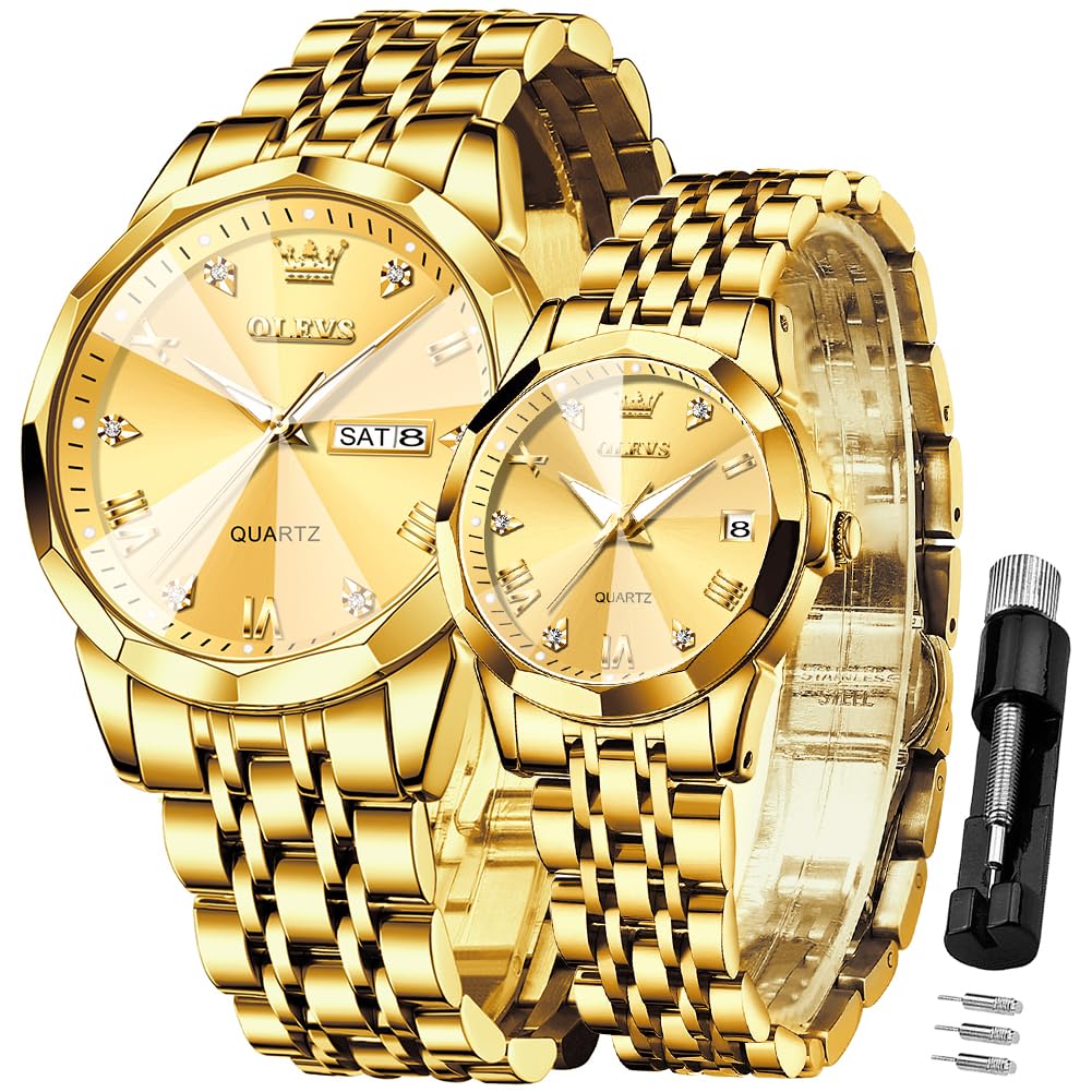 OLEVS Par de relojes de cuarzo para pareja de San Valentín, calendario luminoso, ventana de fecha, 3 ATM, impermeable, casual, acero inoxidable, reloj de pulsera para hombres y mujeres, amantes de la