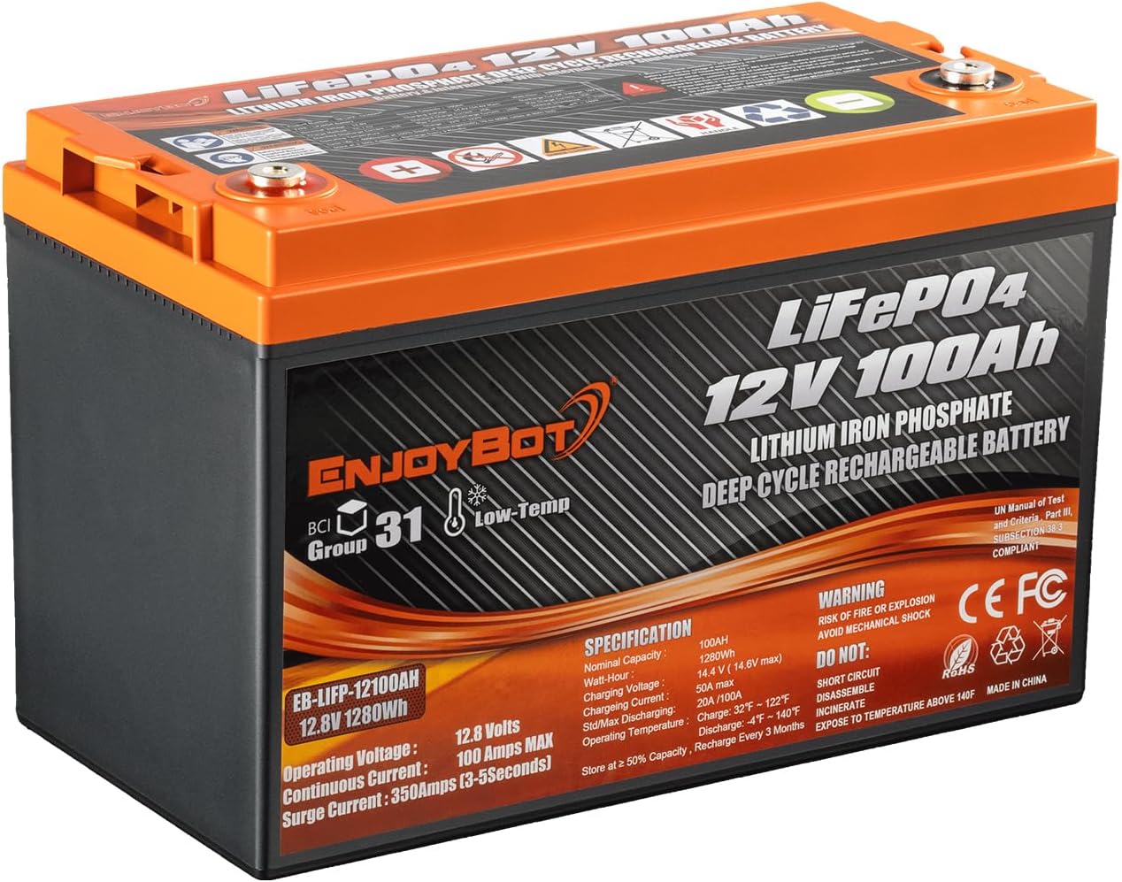 Enjoybot 12V 100Ah LiFePO4 Lithium Battery, 100A BMS Deep Cycle Battery with Low Temp Cut Off, Up to 6 in Series, Peak Current 350A for Golf Cart, RV, Trolling Motor, Electric LSVs, UTVs, ATVs