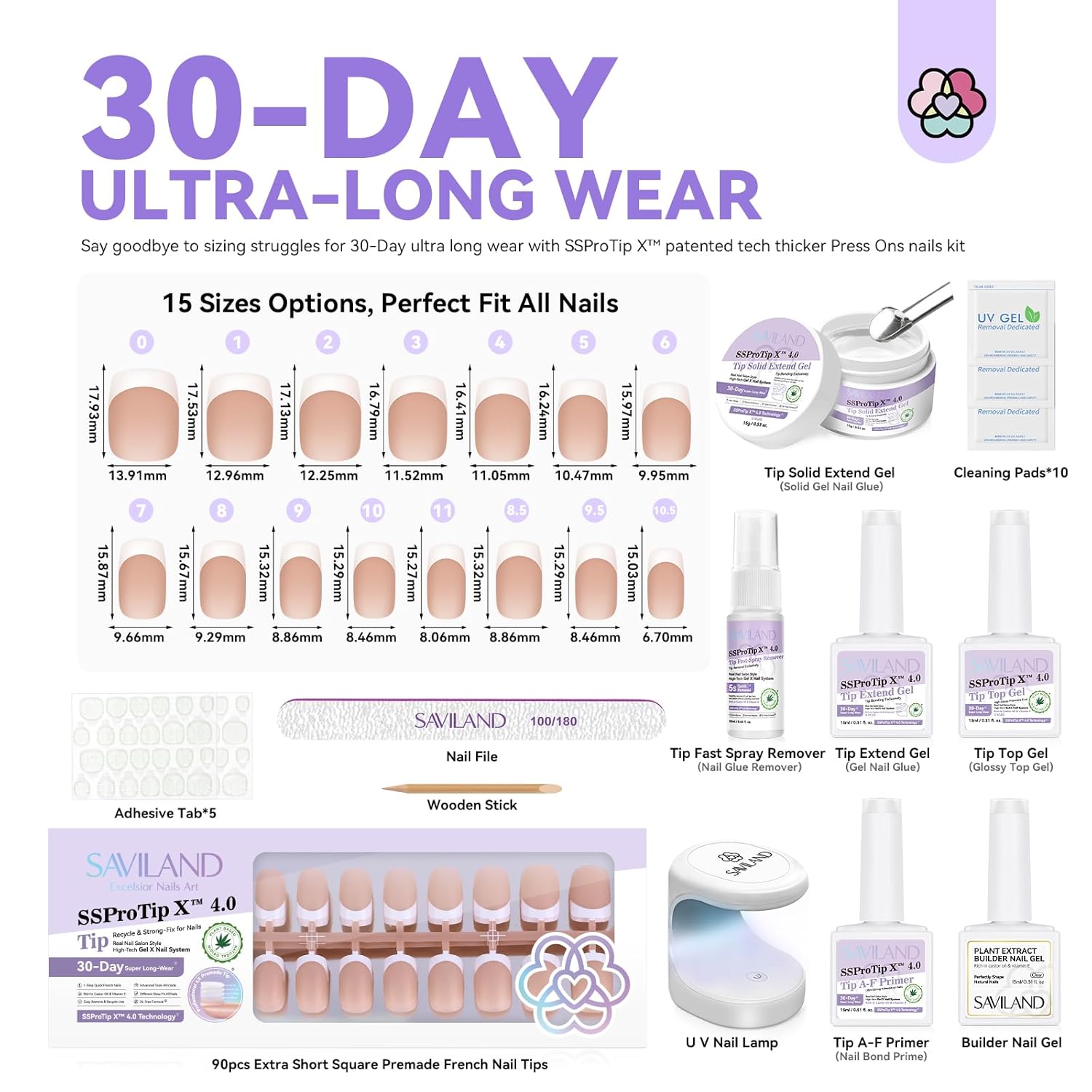 SAVILAND Press On Nails Short: French Tip Summer Builder Gel for Nail Long-lasting Solid Nail Glue Gel and U V Gels Glue Remover, Top Coat, Primer Prep and Mini Lamp, Manicure Art Kit DIY At Home