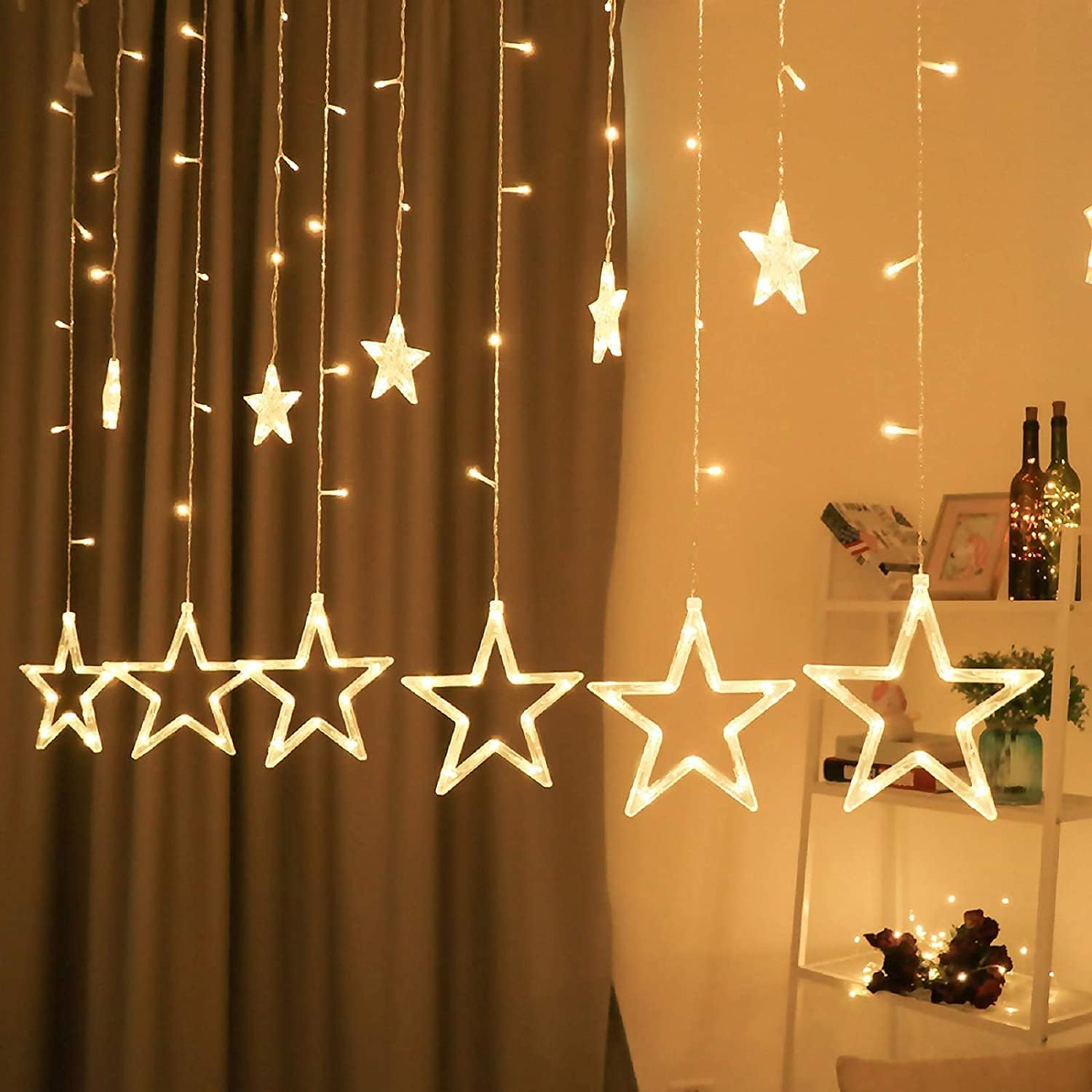 12 Stars Lights, Curtain String Lights for Bedroom with 8 Lighting Modes - Warm White