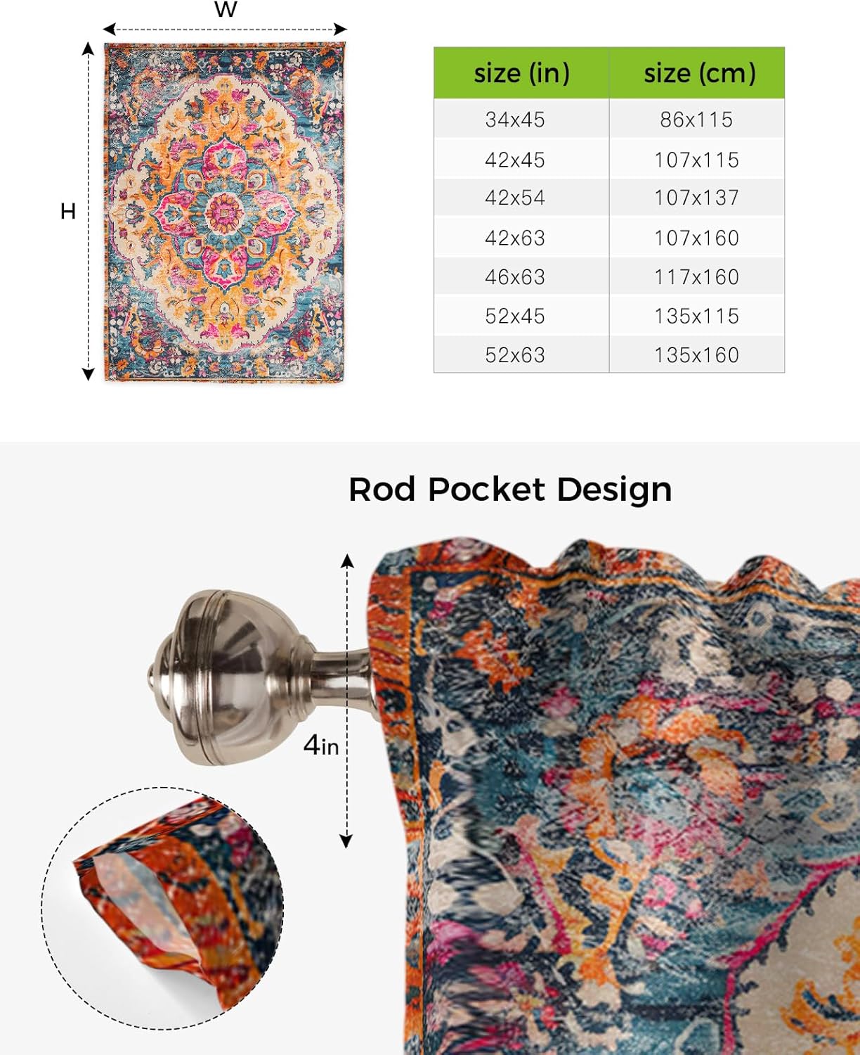 Yukro Tie Up Curtains Window Shades, Geometric Abstract Carpet Flowers Pattern Pink Rod Pocket Tie Up Window Shade, Adjustable Balloon Curtain Shade for Blinds Kitchen Bathroom, 1 Panel, 52"x63"