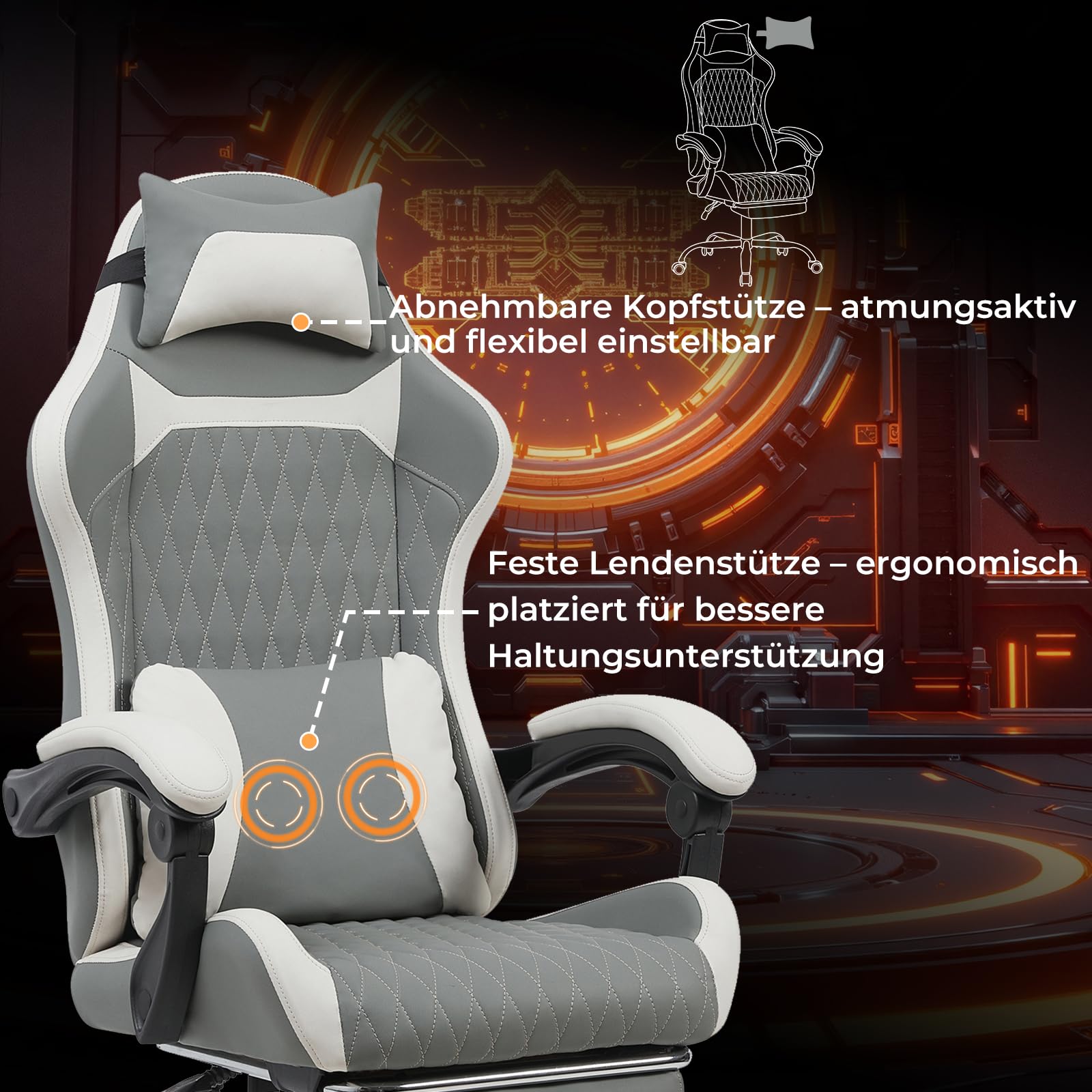 Atenza Ergonomischer Gaming Stuhl mit Fußstütze, Gaming Chair bis 136kg (Dunkelgrau-Weiß)