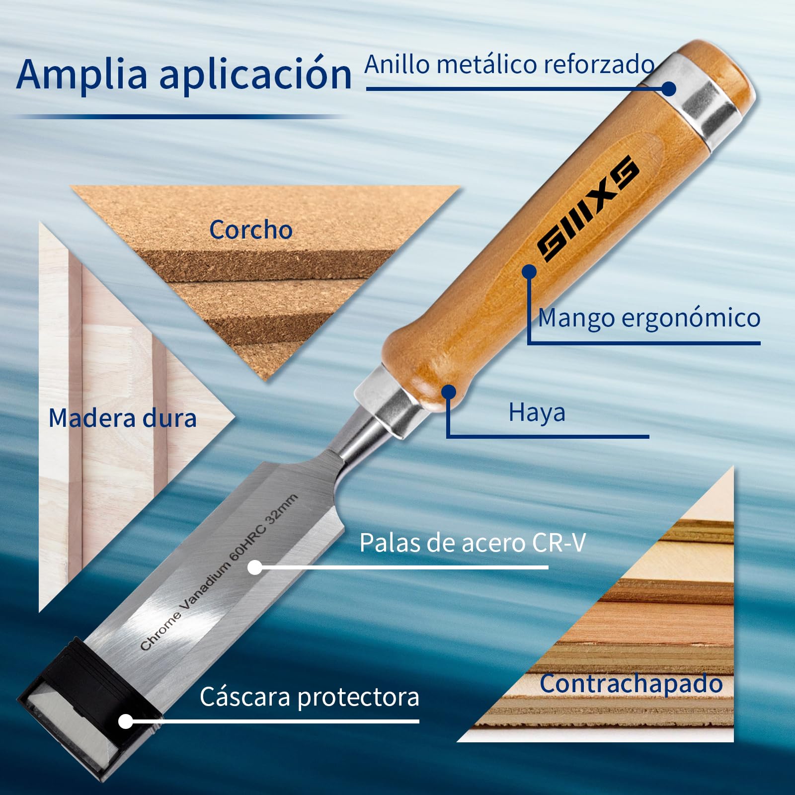 Juego de cinceles profesionales para madera, juego de 8 cinceles para trabajar la madera con 1 guía de lijado fino, 1 piedra de afilar