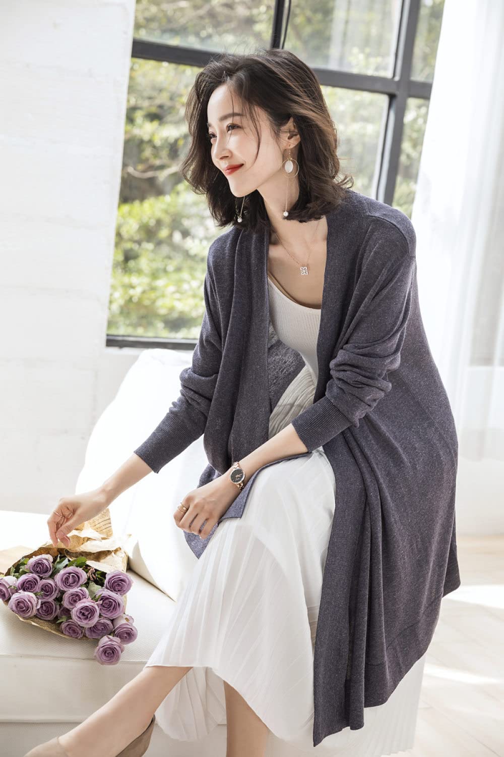 Strickjacken Für Damen,Lange Durchsichtige Strickjacken Für Damen Mantel Kimono Elegant Einfarbig Grau Leinen-Strickjacke