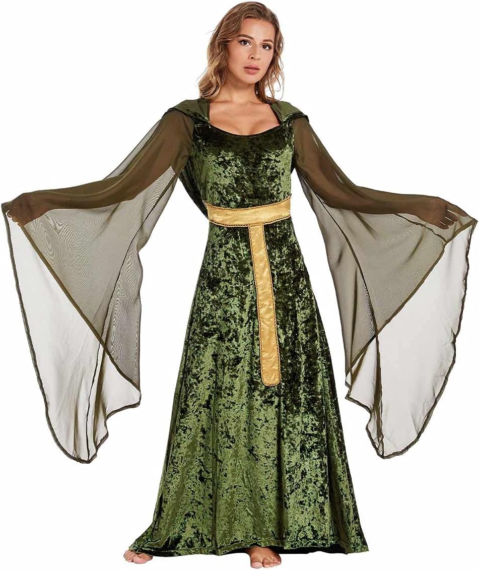 Sinastar Womens Medieval Dress Costume Hooded Lace Up Renaissance Velvet Trumpet Sleeve Gothic Green Gown - Image 7