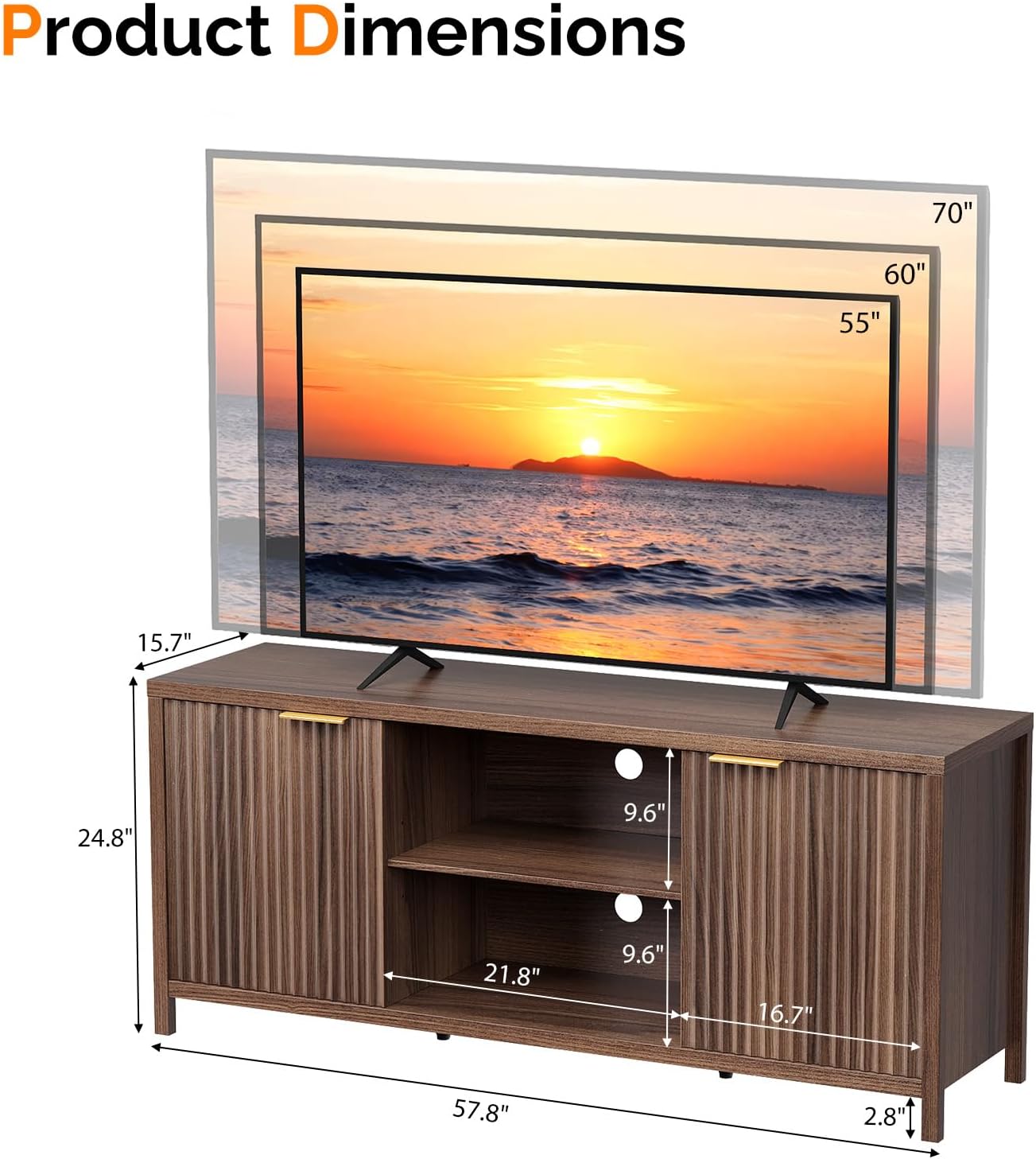 VINGLI Fluted TV Stand for Living Room, 57.8" Mid-Century Modern Entertainment Center with Adjustable Shelves & Cabinet Storage, Natural Wood TV Stand for TVs up to 70 Inch, Walnut