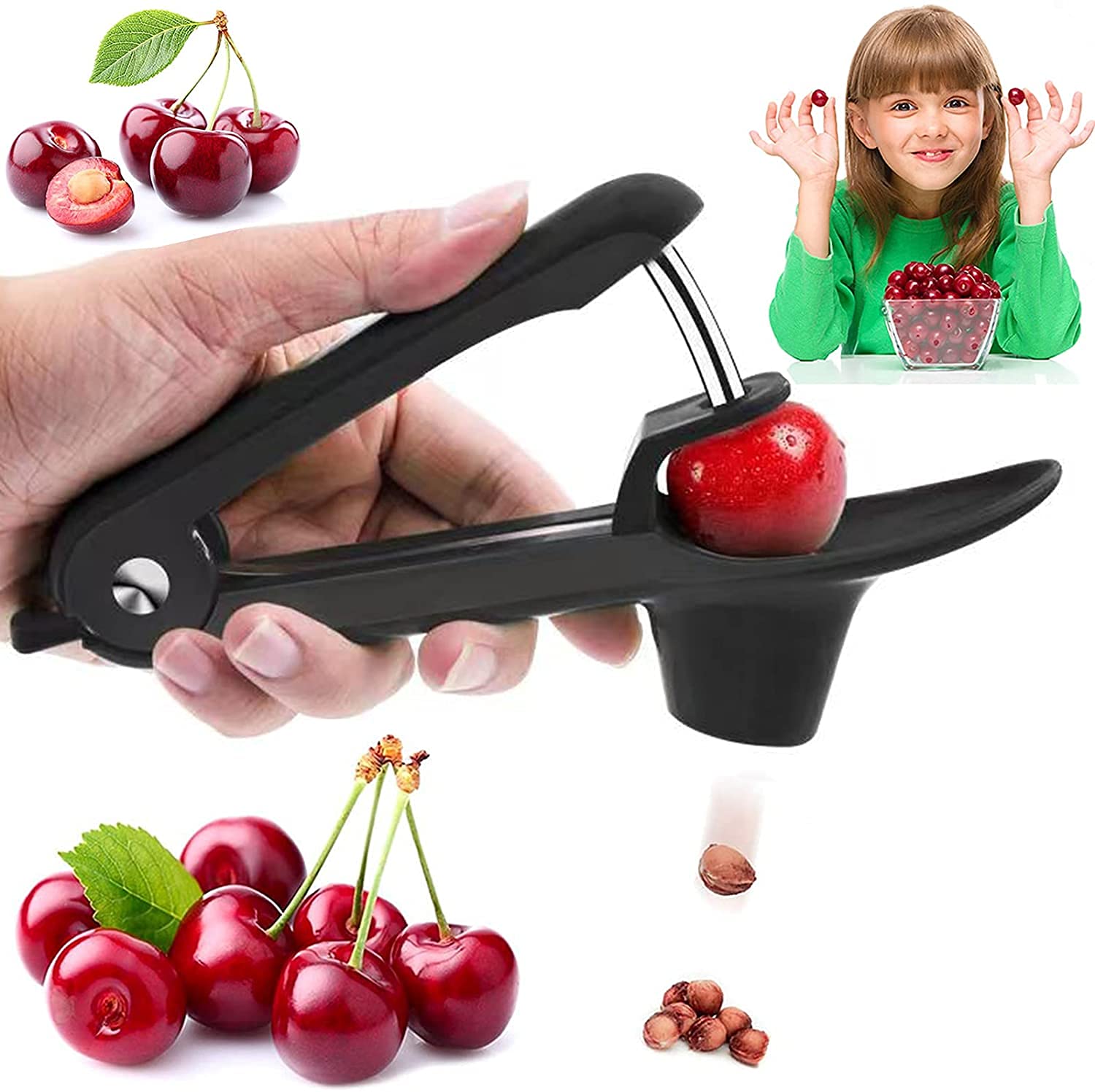 TIM Cherry Pitter Olive Pitter Tool, Cherry Pitter Remover, Fruit Pit Core Remover with Space-Saving Lock Design for Make Fresh Cherry Dishes, Cherry Pie and Jam and Cocktail Cherries (BLACK)