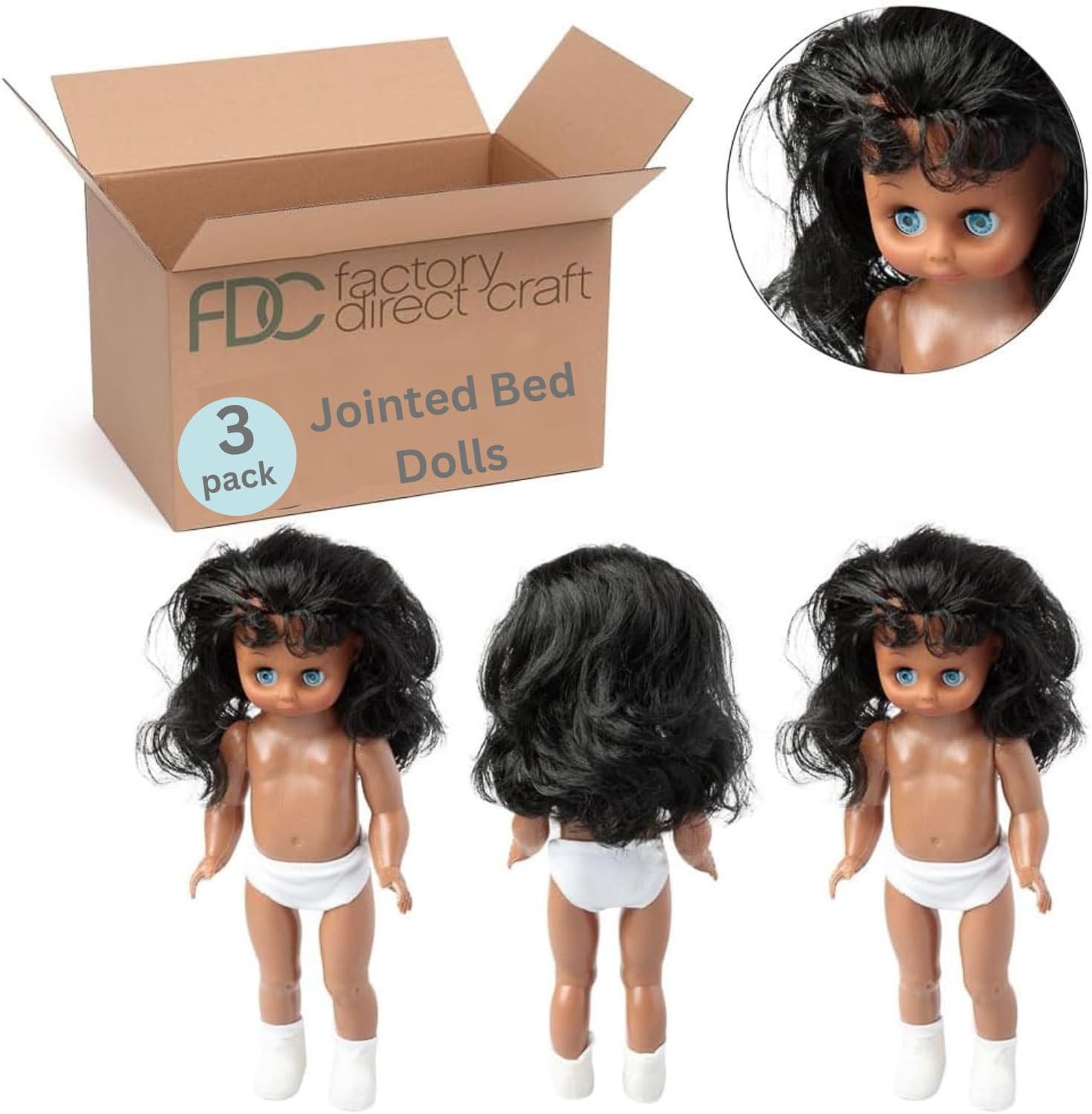 Factory Direct Craft Pack of 3 Individual African American Plastic Full Body Dolls - Doll Bodies for Crocheting, Knitting and Crafting Bed and Fashion Dolls (Size: 13-1/2" Tall)