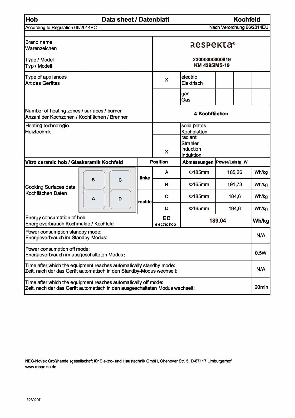 Respekta Allexus Table de cuisson à induction 60 cm noire mate sans cadre / 4 zones / 9 niveaux/commandes tactiles/Booster & ECO/sécurité enfants / KM4295IMS-19
