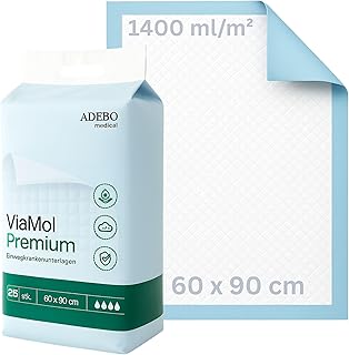 ViaMol® Premium | 25 | Inkontinenzunterlagen Einweg 60x90 cm – Saugstarke Krankenunterlagen 5-lagig, 1400 ml/m² – Weiche & rutschfeste Bettunterlagen bei Inkontinenz - Wickelunterlagen
