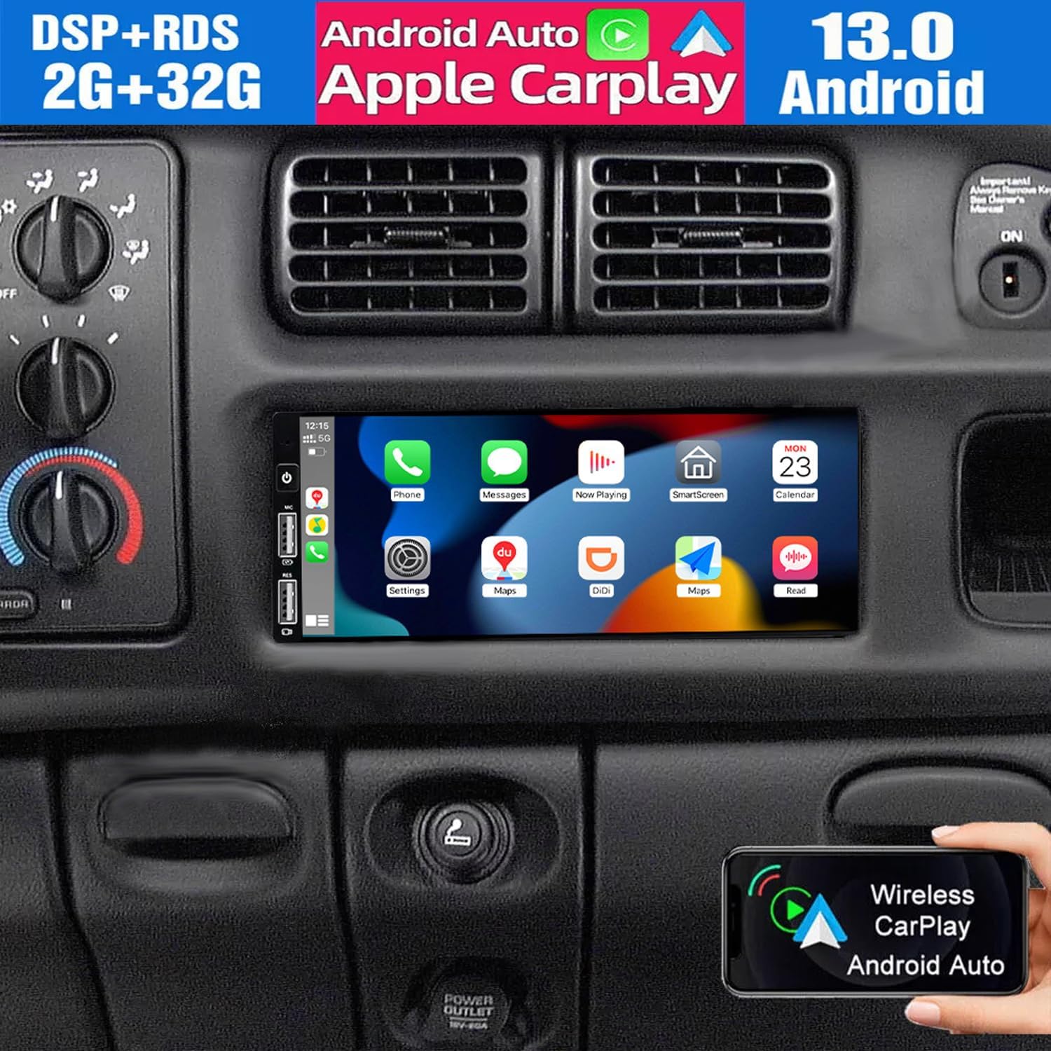 Surakey Android 13 Car Stereo installed in a dashboard, displaying various application icons.