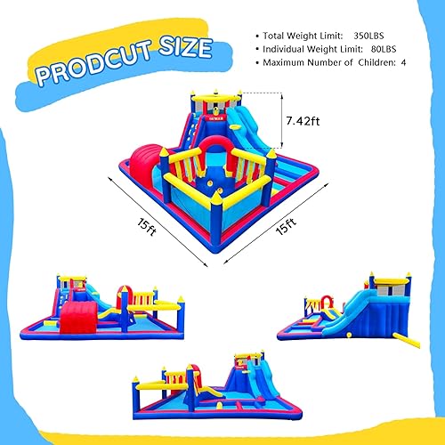 Miniatura 4 de Parque inflable de tobogán acuático para diversión de fiesta, 15 x 15 pies, piscina grande de salpicaduras, toboganes largos y cortos, divertido