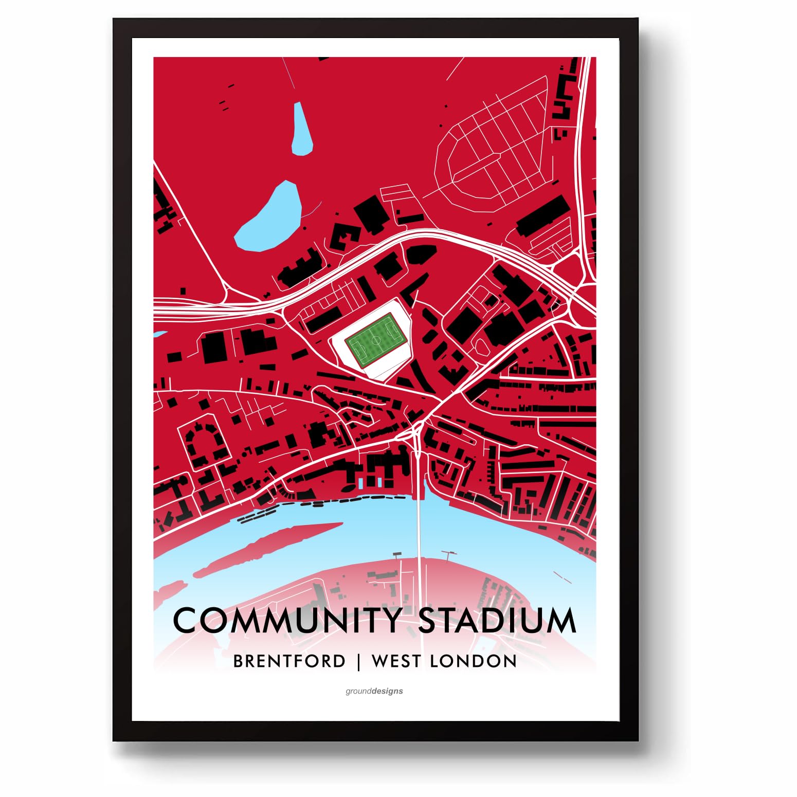 Grounddesigns Men's Red And White Brentford Fc Gtech Community Stadium Football Gift Art Map A3 Unframed Print Bees