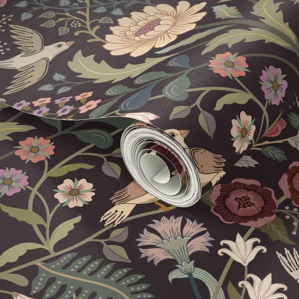 Peel & Stick Wallpaper 3ft x 2ft - Traditional Floral Folk Art Birds Victorian Green Pinks Burgundy Extra Large Custom Removable Wallpaper by Spoonflower