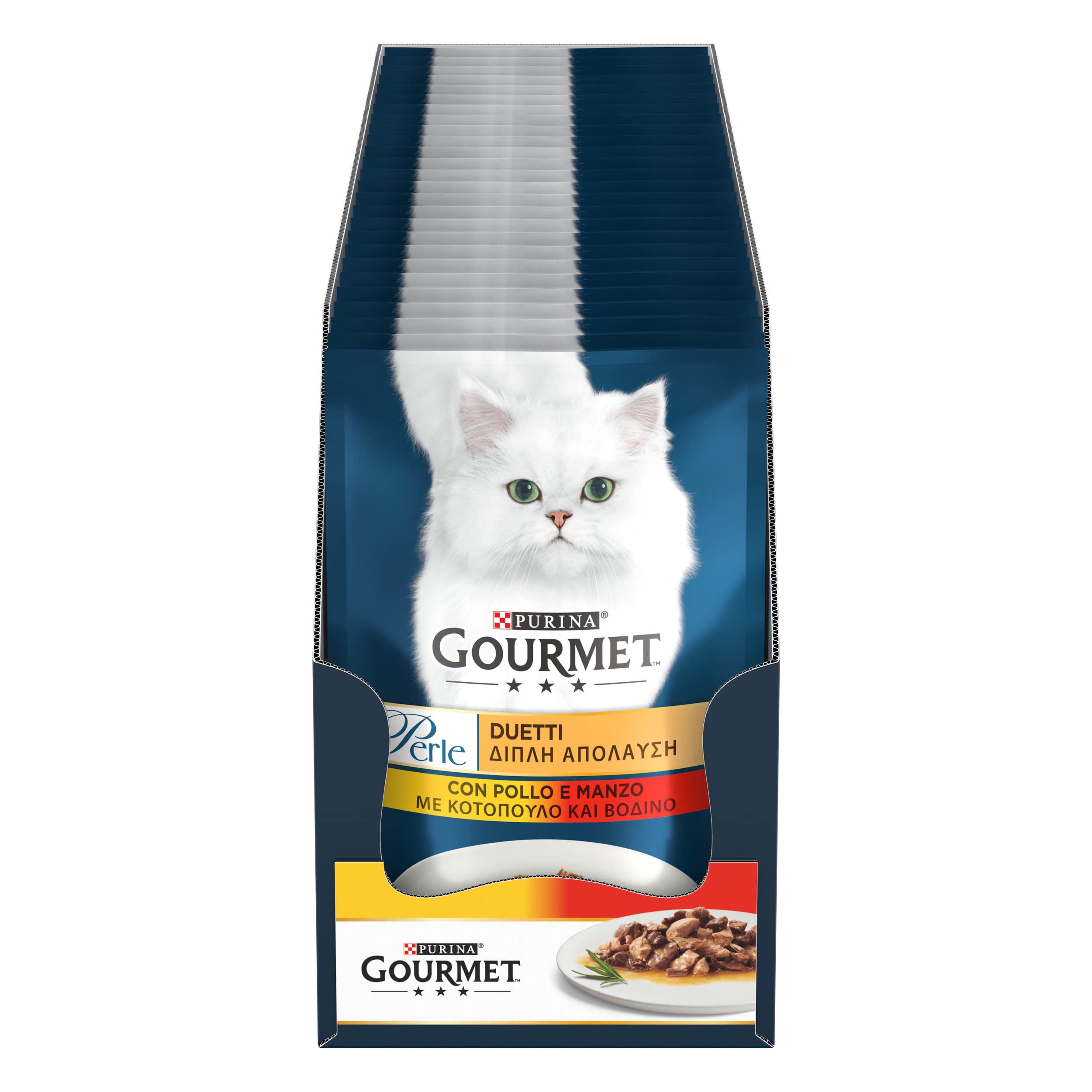 GOURMET Perle Duetti Cibo Umido per Gatti Adulti Bocconcini in Filettini con Pollo e Manzo 26 Buste da 85g