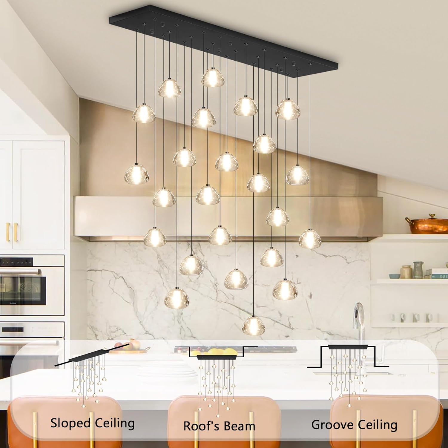 24-Lights Modern Rectangular Crystal Chandelier LED Raindrop Ceiling Pendant Light Crystal Lighting Fixture for Living Room Hotel Staircase Hallway Foyer Entryway Bedroom Black