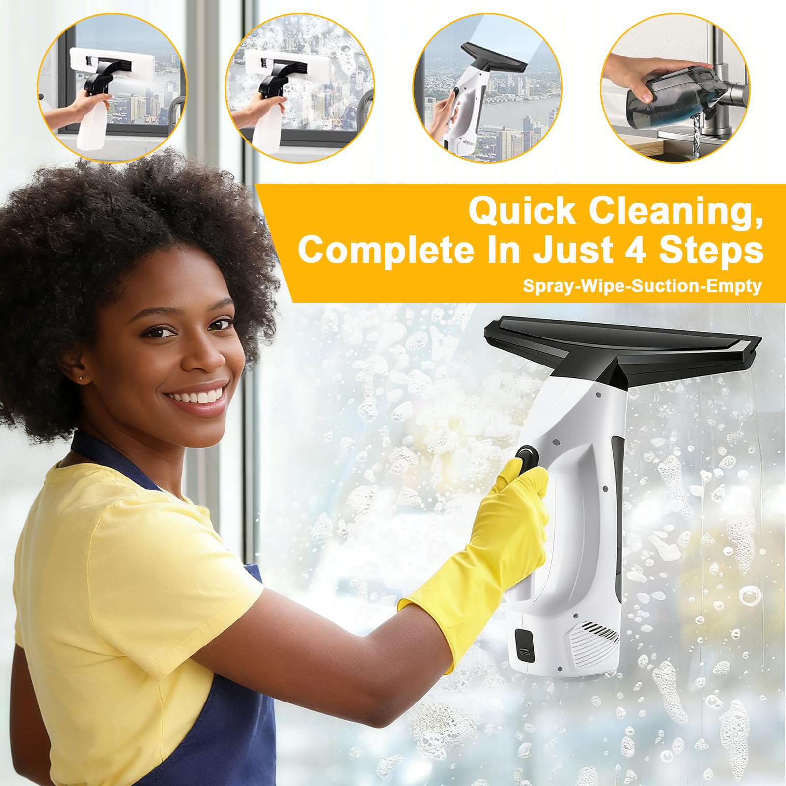 Aspirateur à Vitre sans Fil, Nettoyeur Vitre Électrique Portable avec Bouteille Spray et Chiffon Microfibre pour Fenêtres, Miroirs, Carrelage – Aspiration Puissante 2000Pa, Autonomie 40min