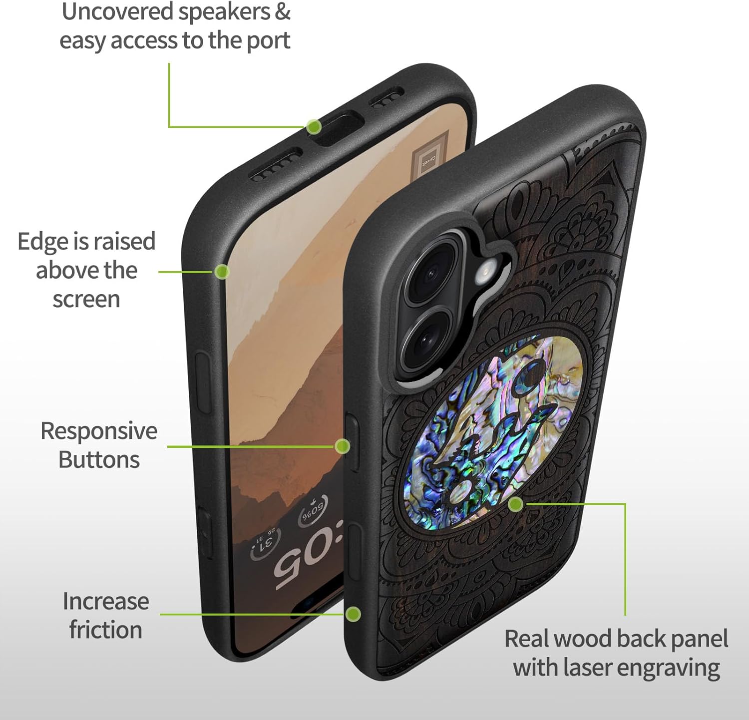 Carveit Magnetic Wooden Case for iPhone 16 Case, Wood Artisan Engraved & Handmade Shell Inlaid, TPU Shockproof Cover, Compatible with MagSafe Wireless Chargers (Shell Yin Yang Wolf) Blackwood