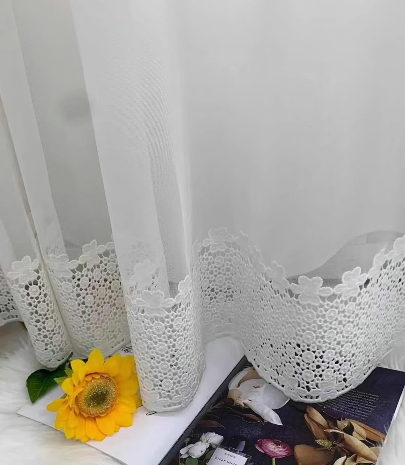 Rideau Blanc, Rideau Fenetre Longue Polyester Coton Fleurs en Dentelle Brodées 2 Pièces LxH 200x270cm