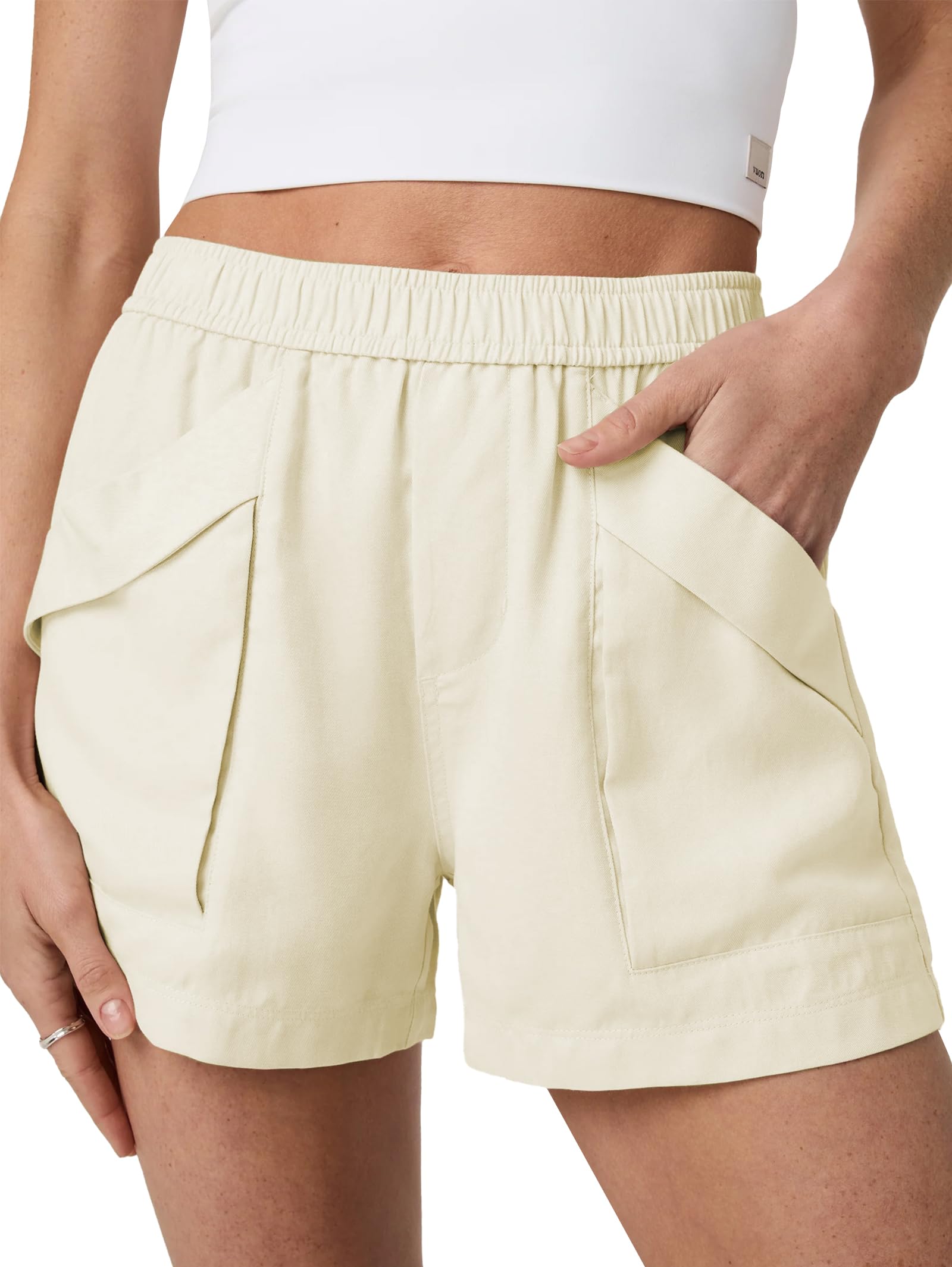 Famulily Damen Shorts aus Leinenmischung mit elastischem Bund und hoher Taille lässige Sommer-Shorts mit Taschen Strand Hotpants für Damen