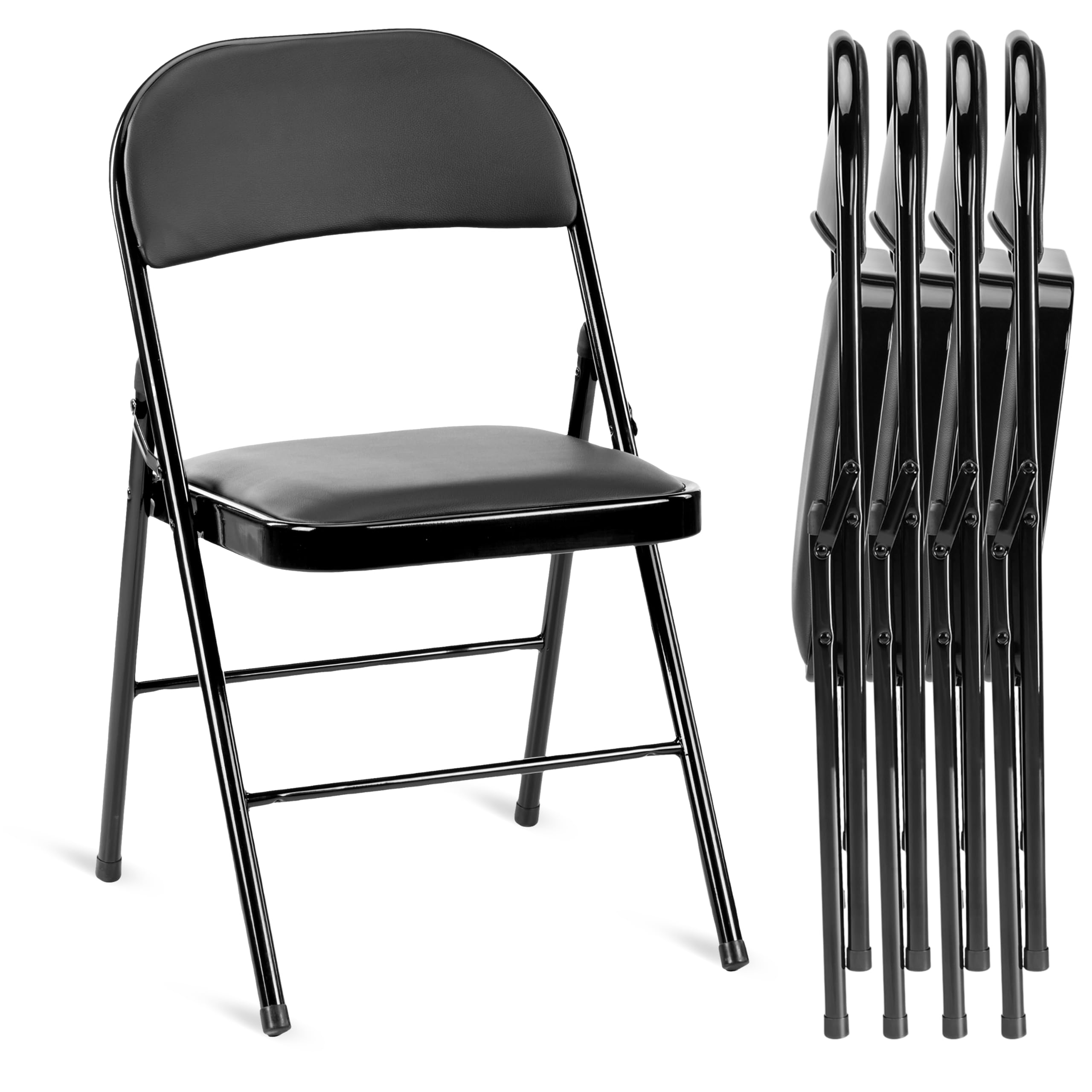 YSSOA 4-Pack Folding Chairs, Padded Vinyl Seats with Durable Frame, Indoor & Outdoor, Portable, Stackable for Home, Office, Black