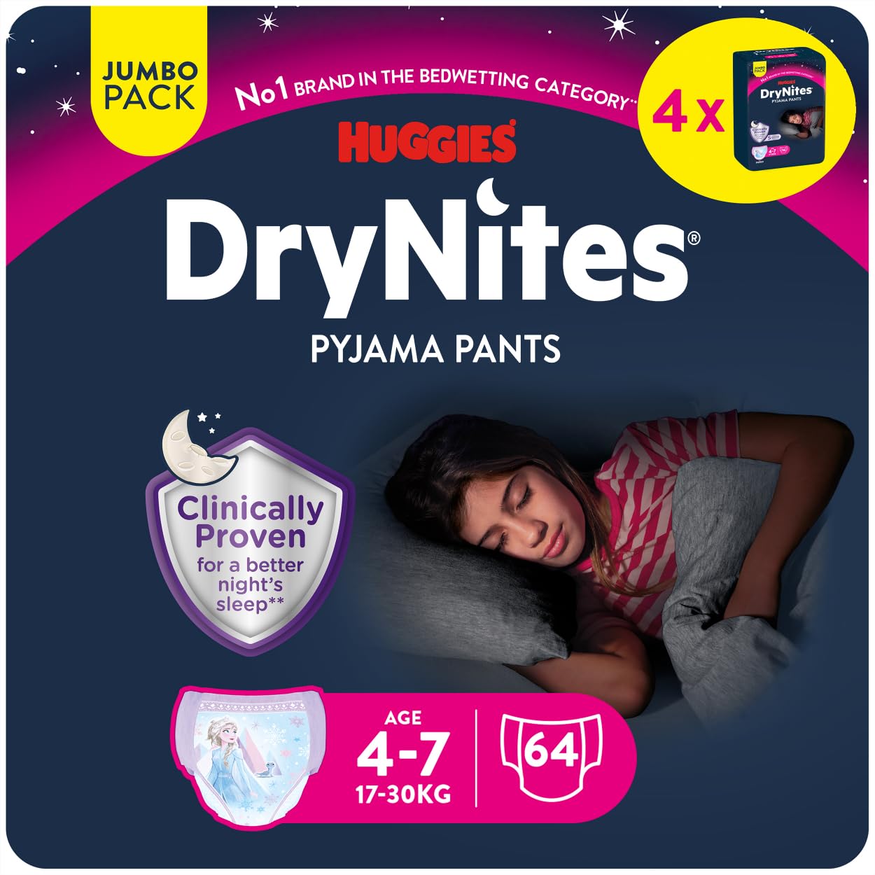 Huggies DryNites hochabsorbierende Nachtwindeln bei Bettnässen, für Mädchen 4-7 Jahre, 4 x 16 Windel-Pants (64 Stück), Monatspack