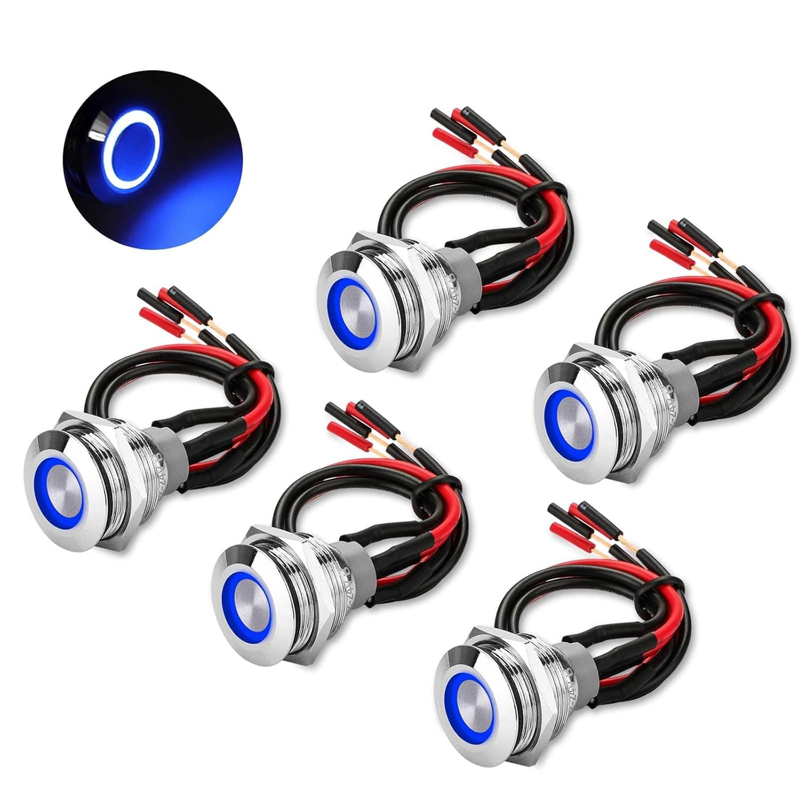Linkstyle 19mm Latching Push Button Switch, 12V Metal Self Locking SPST ON-Off Switch with Wiring Harness & Blue Light for Boat Car, 5Pcs