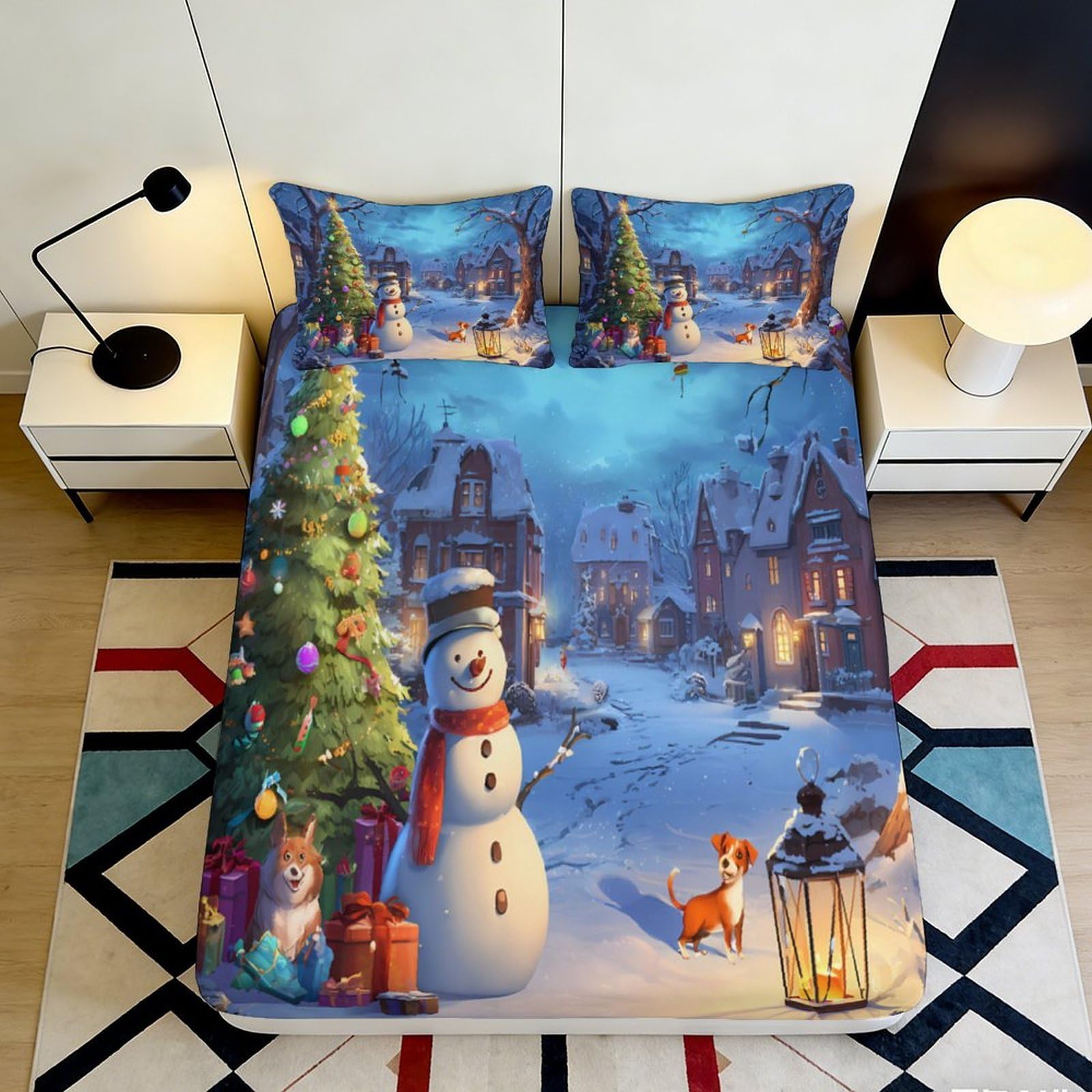 3D Printed Christmas Village Fitted Sheet Microfiber Snowman Tree Bed Cover for Bedroom Guest Room Decor 90x200x25cm