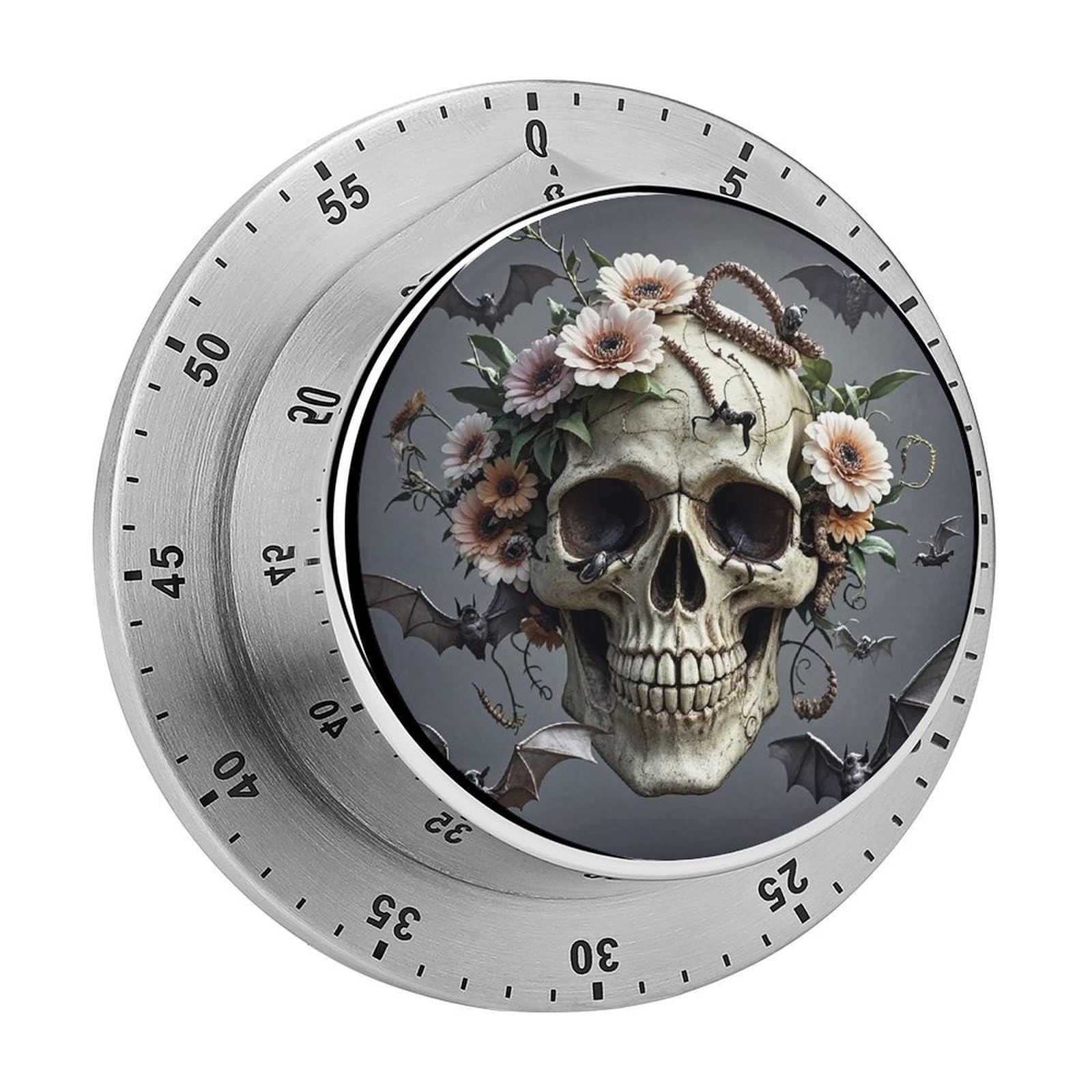 Skull Flower Timer Fashion Visual Timers Wind Up 60 Minutes Desk Timers Stainless Steel Magnetic Timer Countdown Clock No Batteries Loud Alarm for Kitchen Chef Cooking