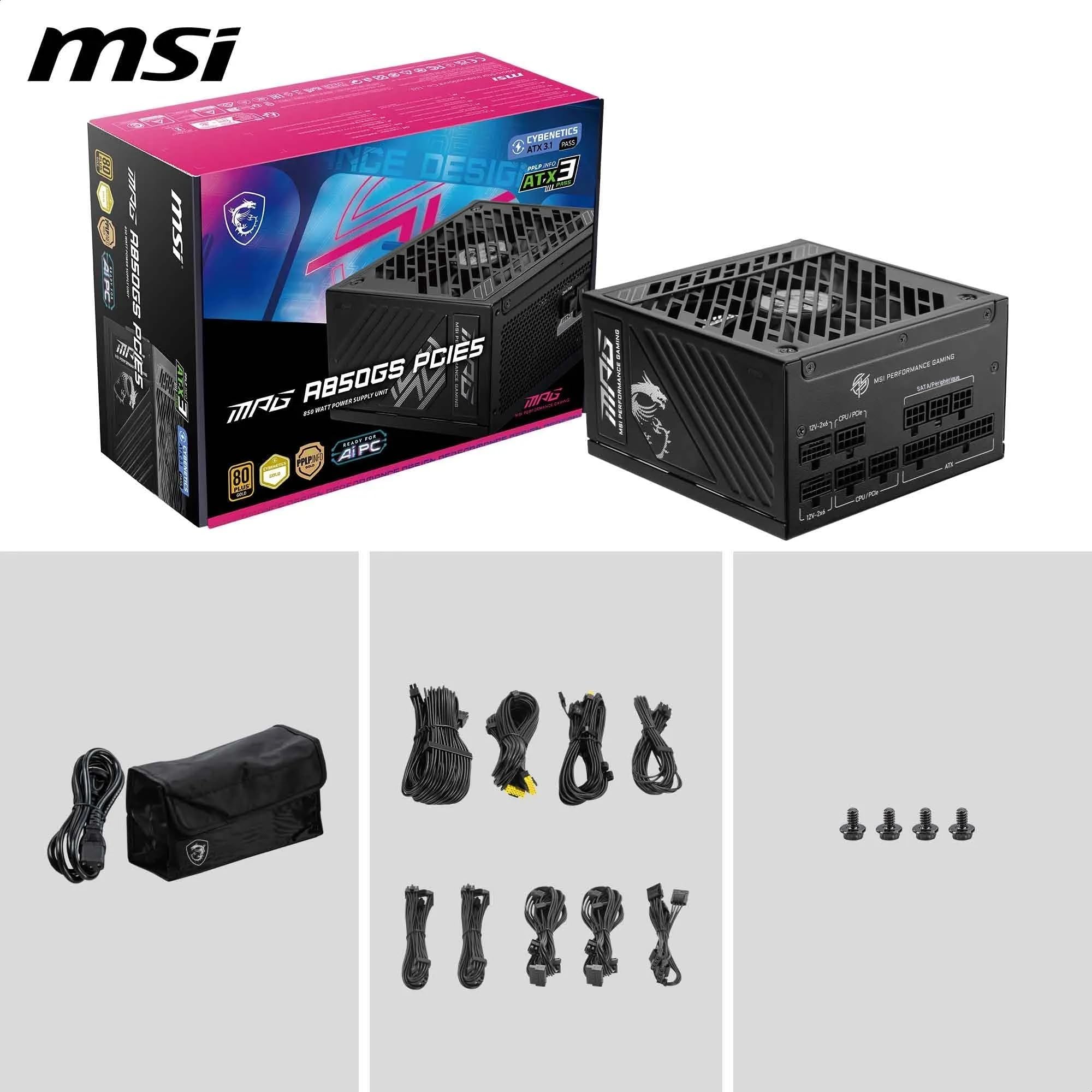 MSI MPG A850GS PCIE5 Bloc d'alimentation Prise EU, 850W, Certifié 80 Plus Gold, ATX 3.1, Compatible PCIe 5.1, Deux câbles 12V-2x6 natifs avec connecteurs Bicolores, ATX, câbles à Gaine gaufrée