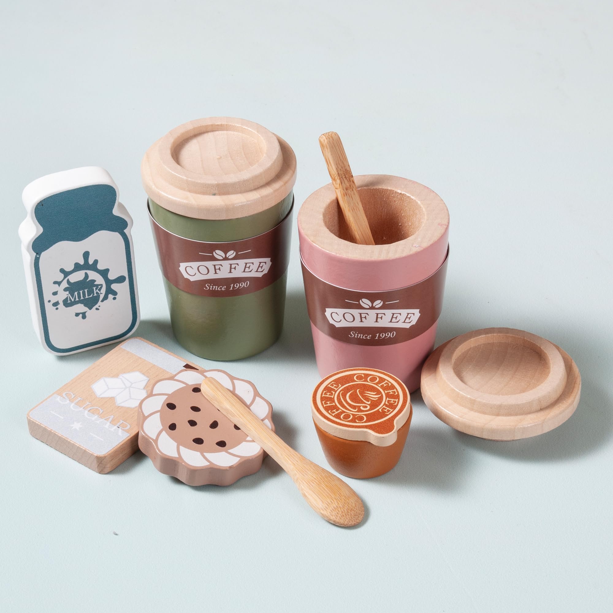 Juego de café para niños, juguete Montessori de madera, accesorios de cocina con tazas de café, espresso y leche, juego de café para niños y niñas, regalo de cumpleaños para niños y 6