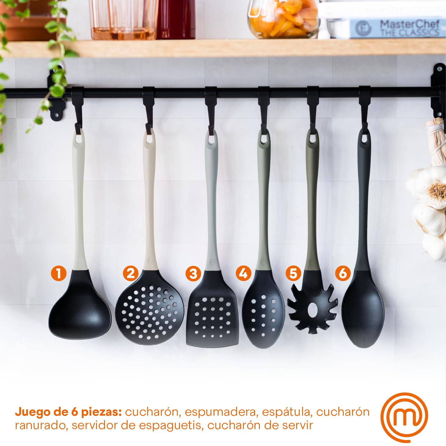 Masterchef Utensilios de Cocina con Cucharas, Espatula, Cazo para Sopa, Espumadera y Cucharon, Resistentes al Calor, Set Menaje, Accesorios Antiadherente, Gris