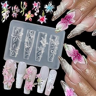 Lily Flower Charms Silicone Nail Molds, 3D Gel Nail Art Mold Floral Charms for Nails Design Reusable Flower Molds Silicone Nail Tools DIY Ice Flowers Manicure Carved Floral Mold Stencils