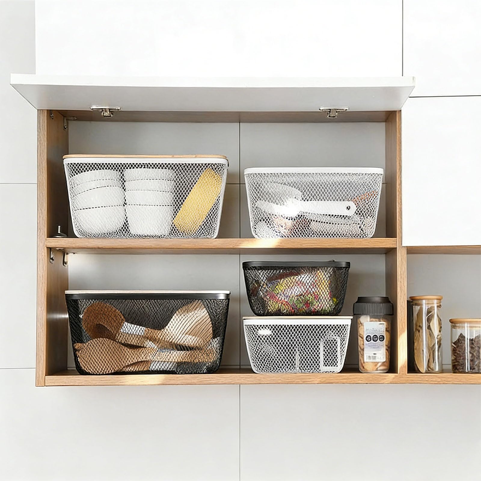 3 cestas de alambre de metal con asas de madera para cocina, baño y zona de trabajo, solución de almacenamiento, frigorífico y congelador