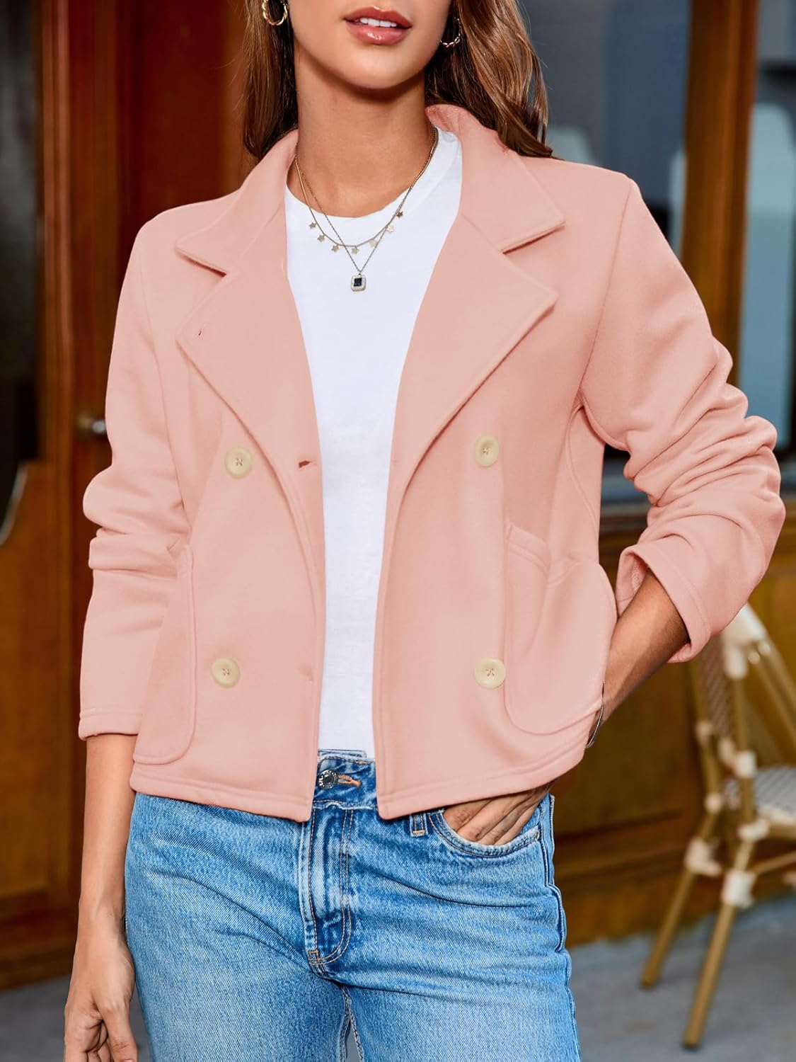 Fisoew Womens Cropped Blazers Business Casual Loose Fit Suits Double Breasted Open Front Cotton Blazer Jacket - Image 2