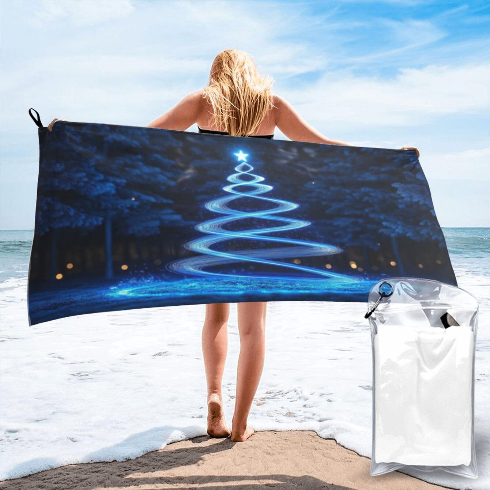 Anceky Digital Art Glowing Christmas Tree Spiral Quick Dry Microfiber Travel Towel with Carry Case and Carabiner 31.5"X63"