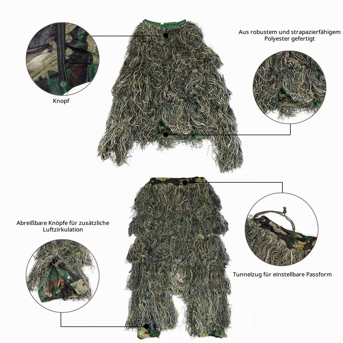 Goetland 5 Stücke Ghillie Tarnanzug Herren Ghillie Suit Jagdanzug Wald Dschungel Universalgröße für Jagd Allerheiligen Hoax