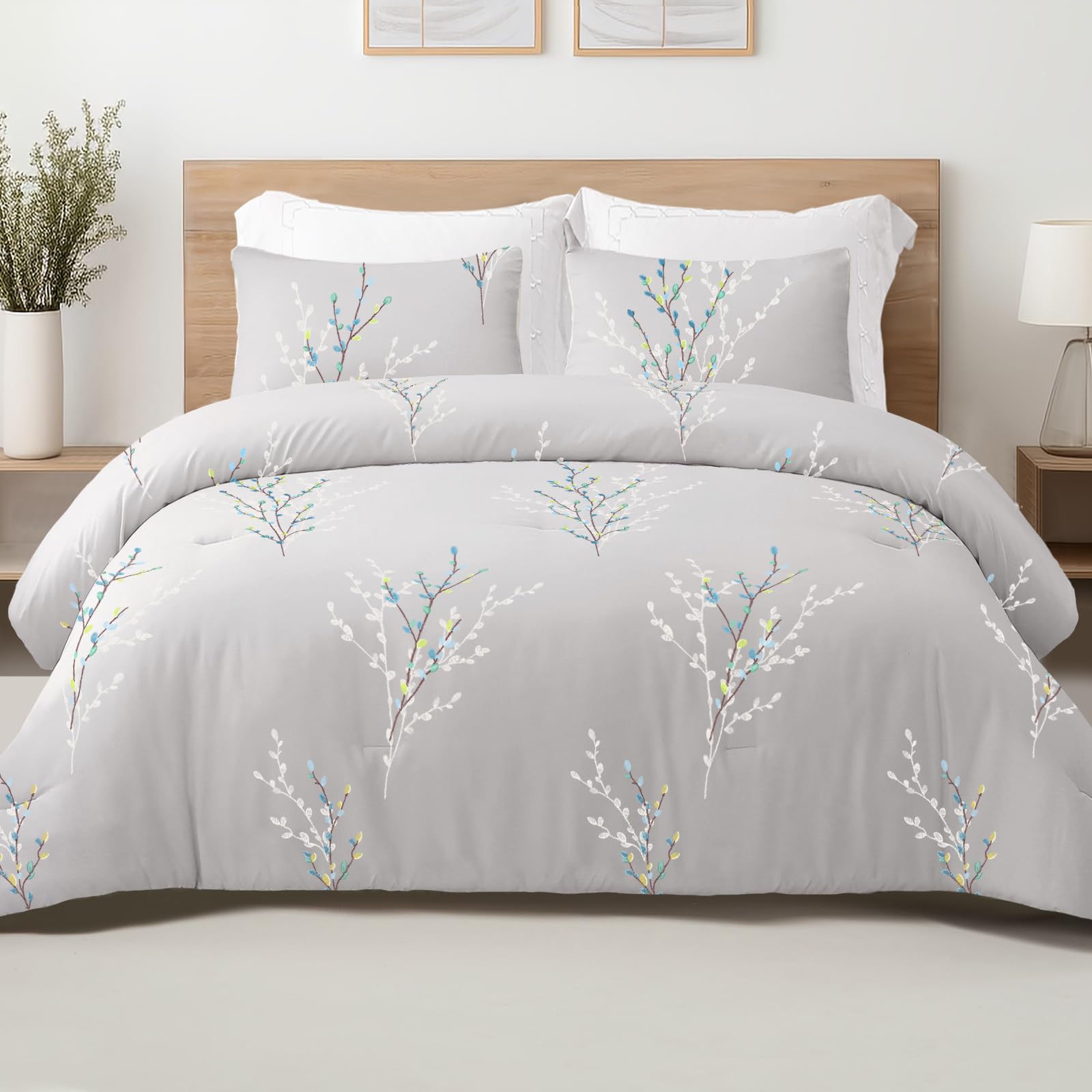 Exclusivo Mezcla Reversible Queen Comforter Set, 3 Pieces Microfiber Bedding Down Alternative Comforter for All Seasons with 2 Pillow Shams, Floral Pattern, Grey Grey Floral Queen (90