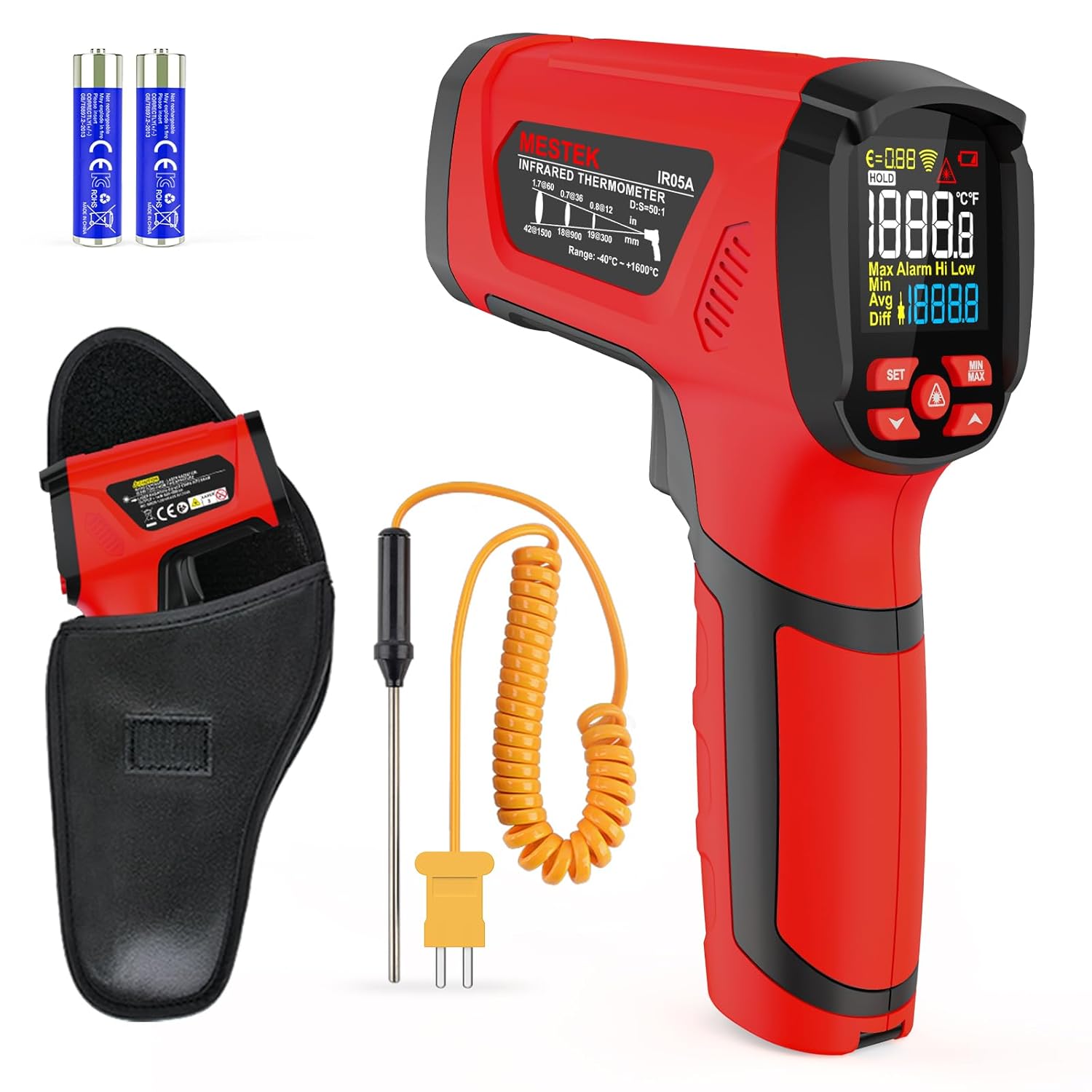 -40℉~2912℉ MESTEK Infrared Thermometer Temperature Gun,50:1 Dual Laser High Temp Thermometer with Thermocouple Probe, Non-Contact Industrial Pyrometer for Engine, Kiln, Forging,Humidity Measurement -40℉~2912℉ MESTEK Infrared Thermometer Temperature Gun,50:1 Dual Laser High Temp Thermometer with Thermocouple Probe, Non-Contact Industrial Pyrometer for Engine, Kiln, Forging,Humidity Measurement