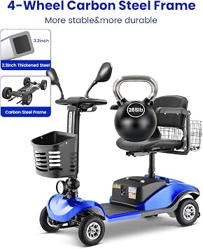 Blue 4 Wheel Folding Mobility Scooter, Electric Power Mobile Scooters for Seniors Adult with Lights Collapsible and Compact Duty Travel Scooter with Basket and Extended Battery