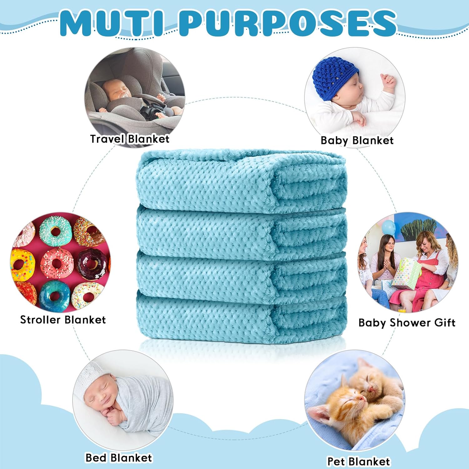 Reginary 4 Pack Fuzzy Blanket 30 x 40'' Waffle Flannel Baby Throw Blankets Warm Nursery & Crib Blankets for Girl & Boy Newborn Infant(Light Blue) - Image 5