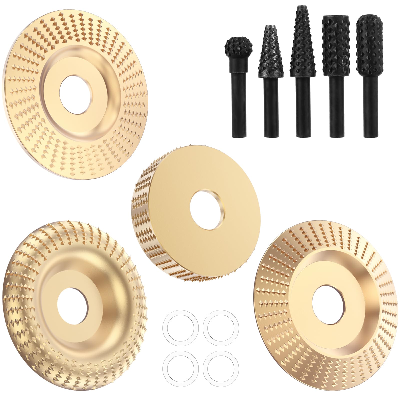 ZLHETWT 9Pcs Wood Carving Disc and Rotary Burr Rasp Set with Reducing Bushing Metal Angle Grinder Wood Shaping Grinding Wheel Wood Sanding Polishing Disc for Woodworking, Wood Shaping Carving Disc