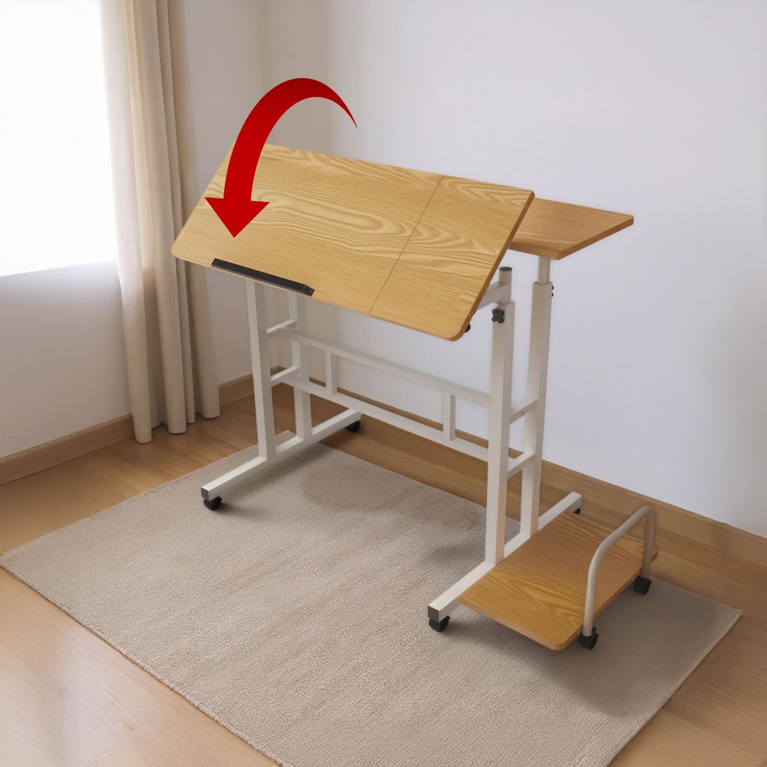 Maclean Regulowane biurko mobilne MC-124 na kółkach, uchylny blat 80x60 cm, regulowana wysokość 67-115 cm, nośność 50 kg, ergonomiczna półka boczna, do domu, biura, studia (Biały)
